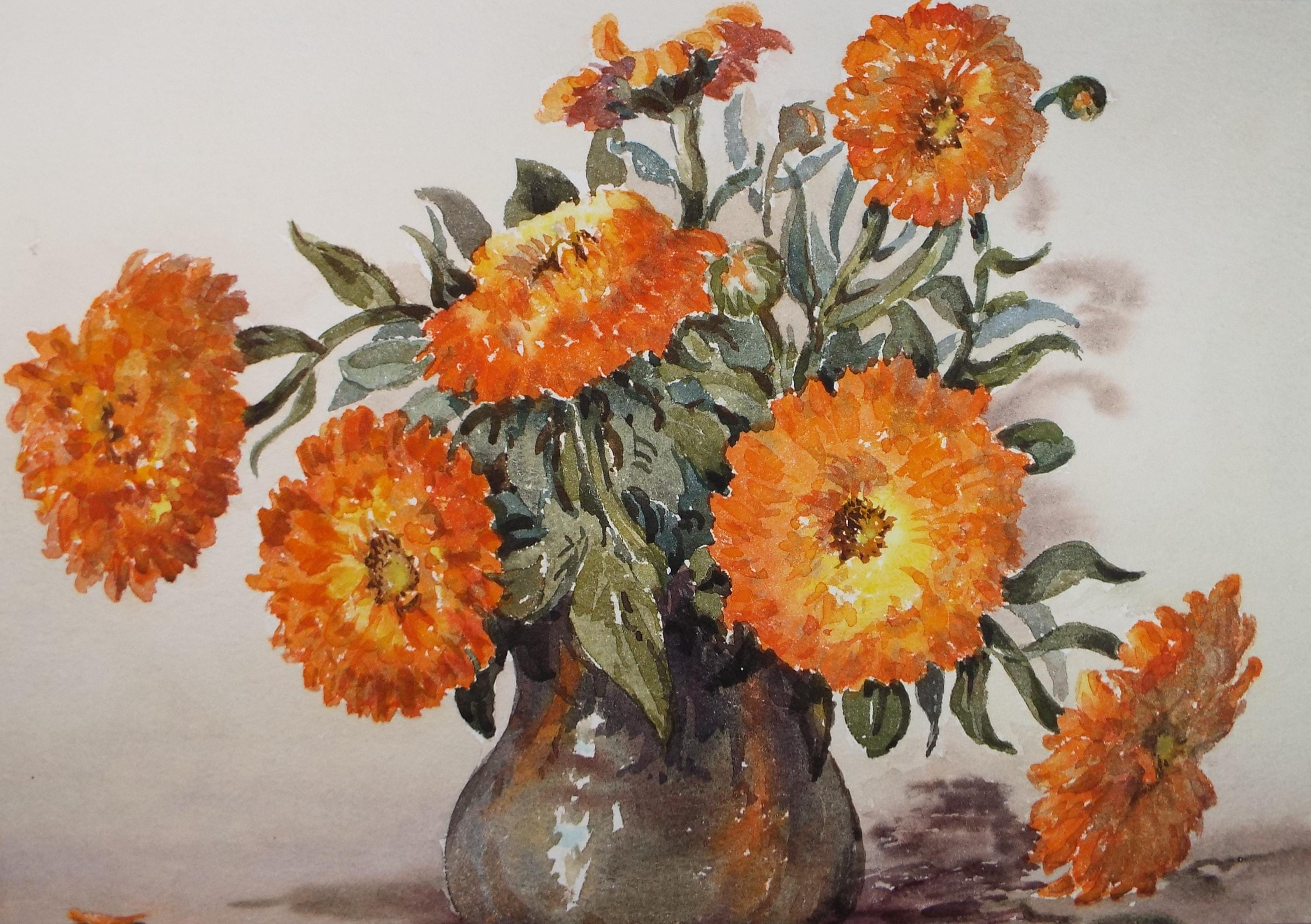 Original Watercolour, 'Vase of Calendula', Gwen Rayner, c1970's