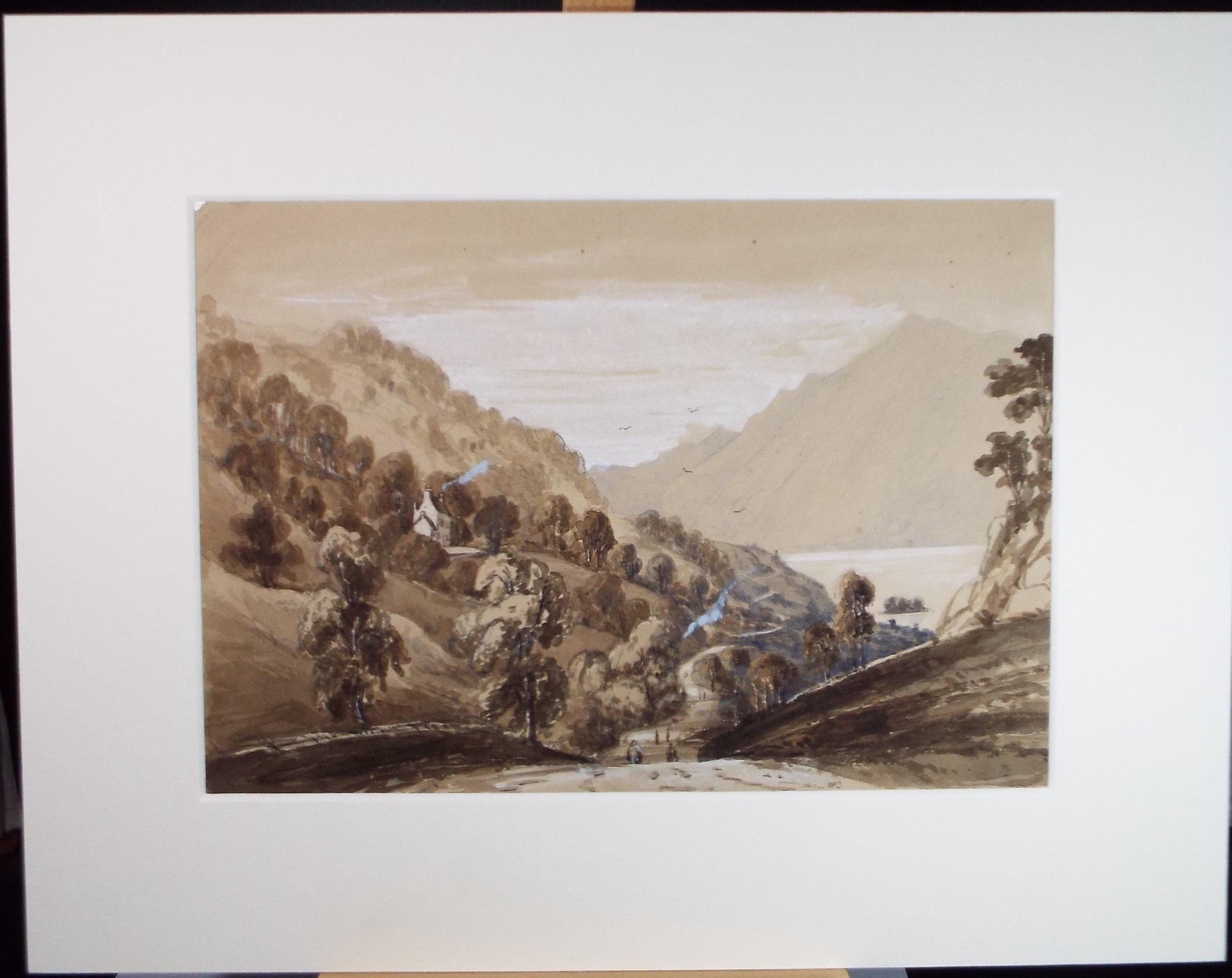 Original Watercolour,'Valley with Figures and Farmhouse', Late 19th Century