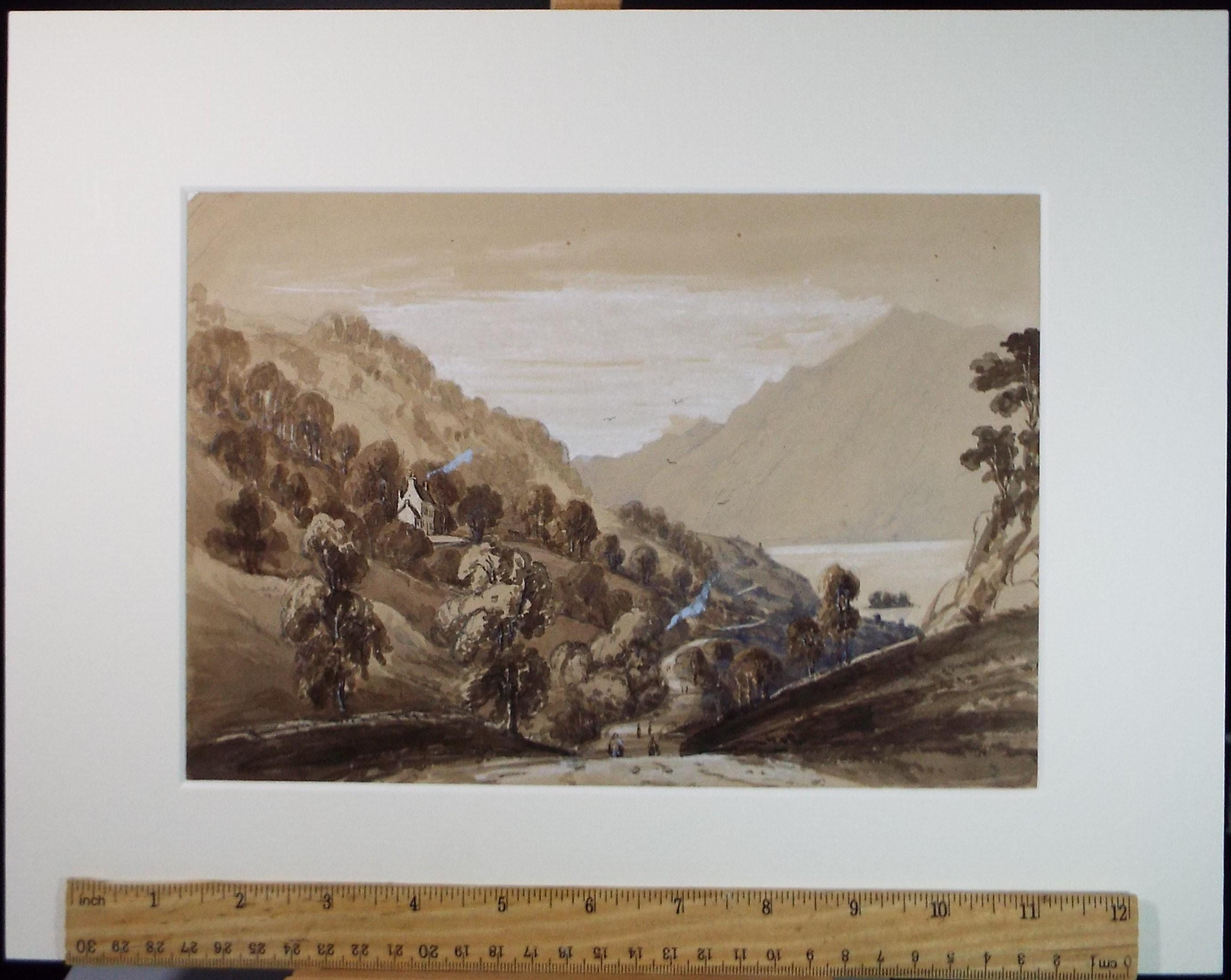 Original Watercolour,'Valley with Figures and Farmhouse', Late 19th Century