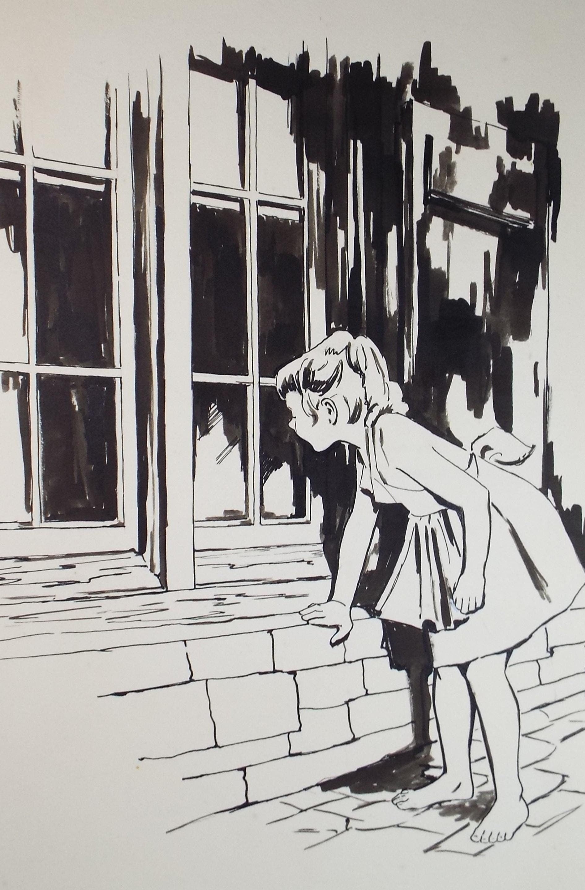 Original Pen & Ink Sketch, 'Girl at the Window', circa 1950's, Artist Unknown