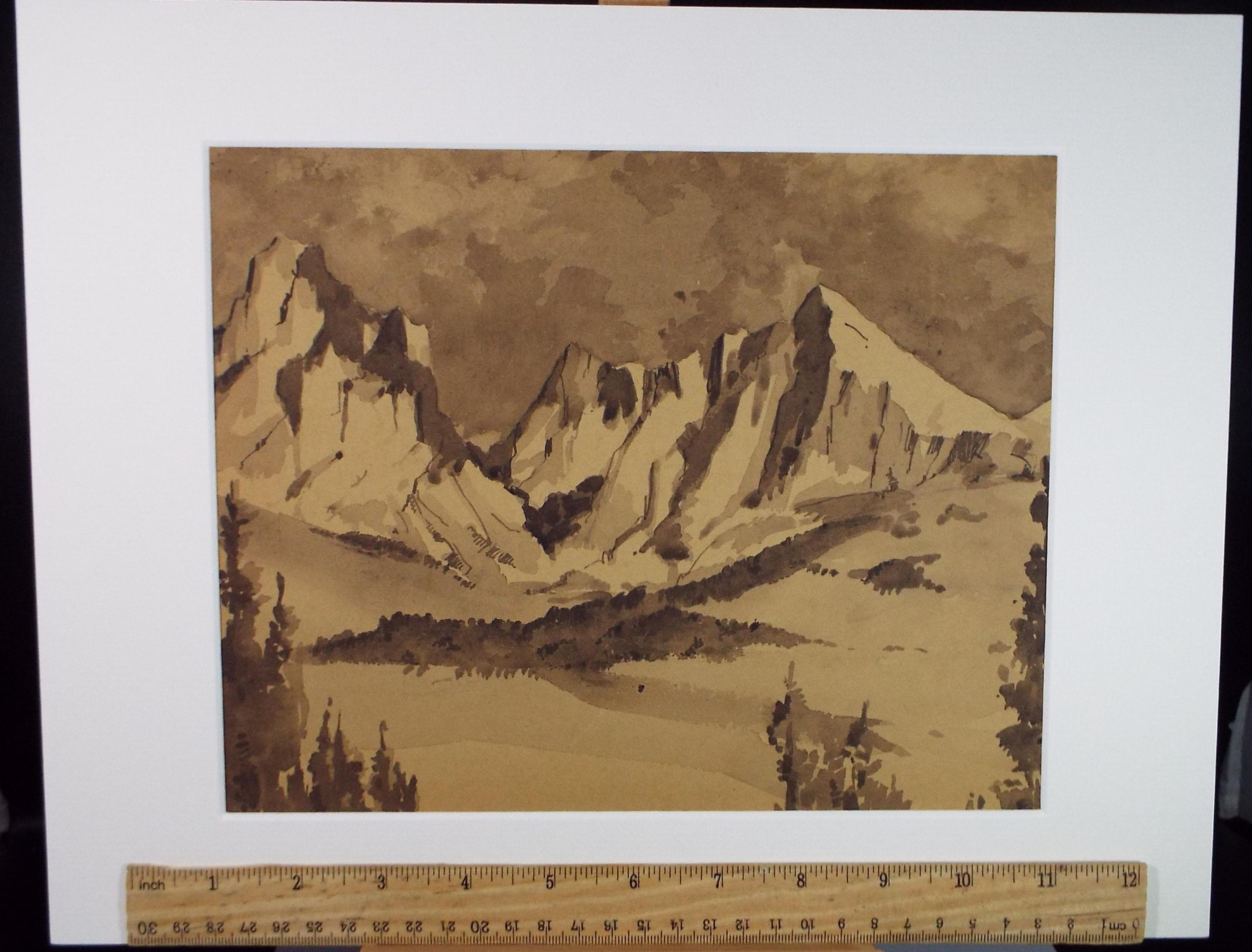 Original Sepia Watercolour, 'Mountain Study', Artist Unknown, circa 1950's