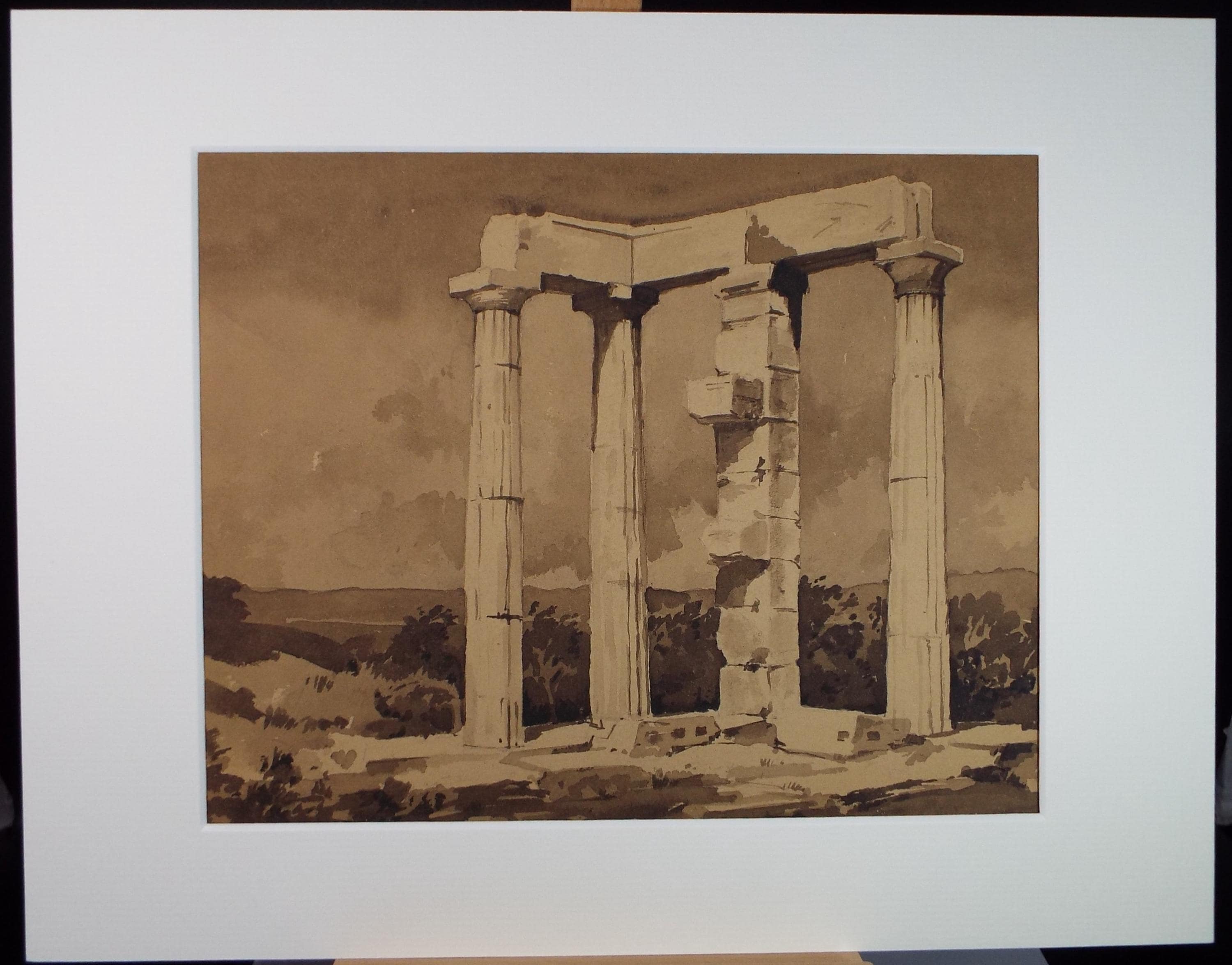 Original Sepia Watercolour, 'Gecian Temple', Artist Unknown, circa 1950's