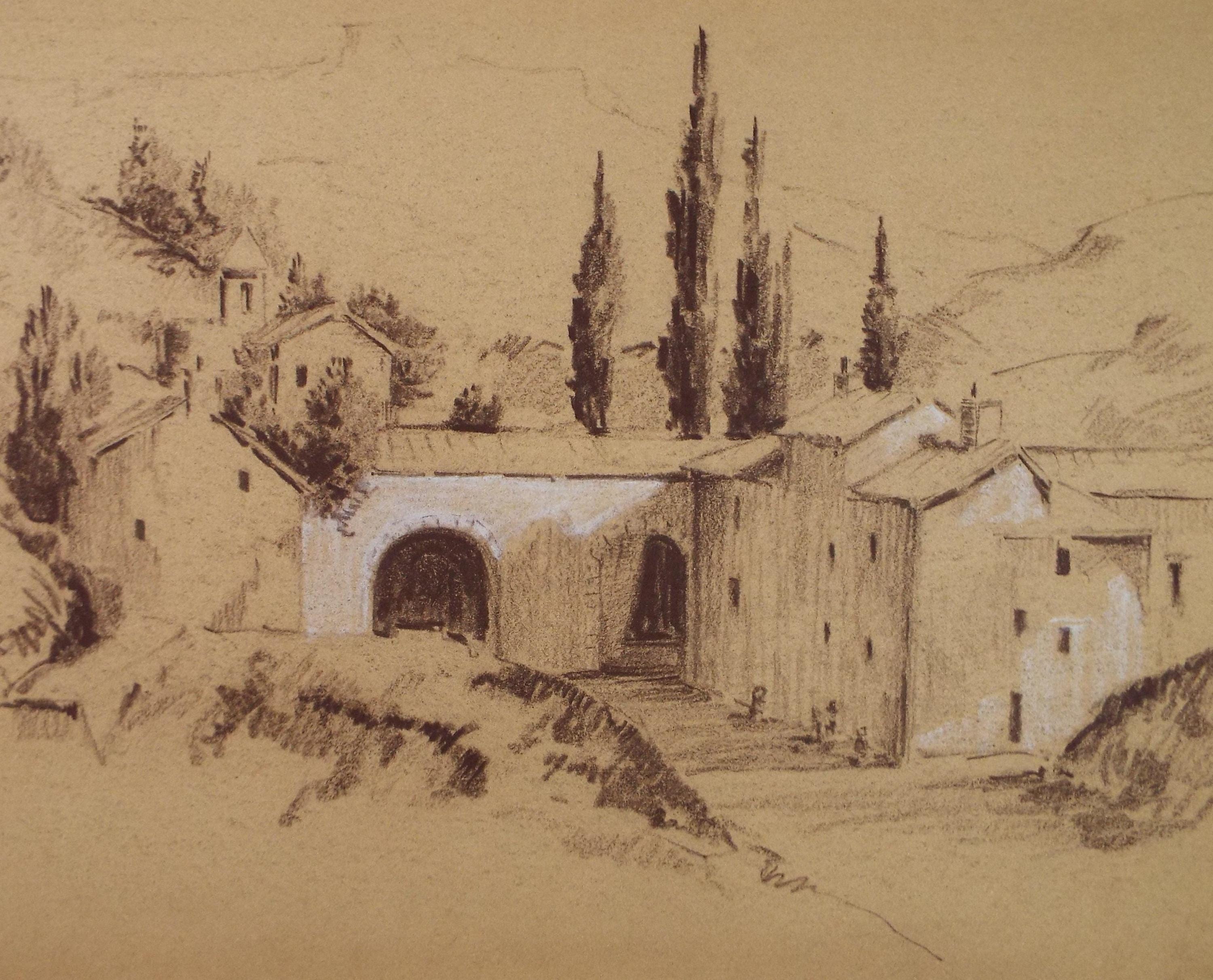 Original Pastel Drawing, 'Italian Farmhouse', Artist Unknown, circa 1950's