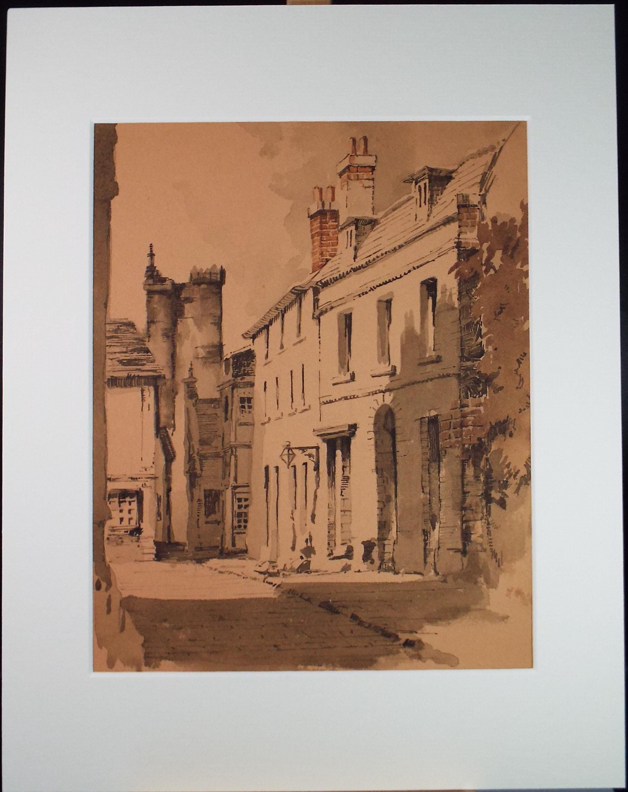 Original Sepia Watercolour, 'Streetscape', Artist Unknown, circa 1950's