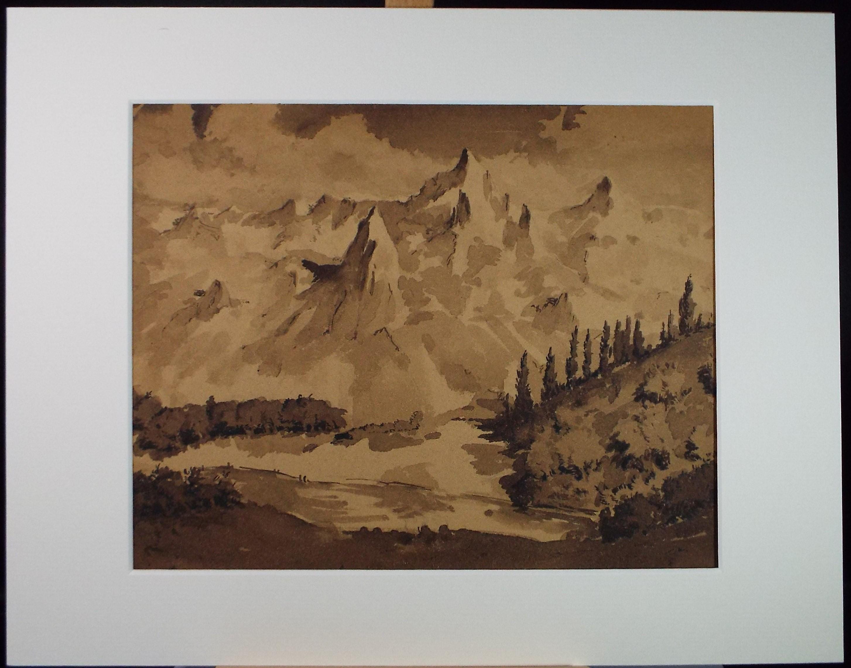 Original Sepia Watercolour, 'Mountain study', Artist Unknown, circa 1950's