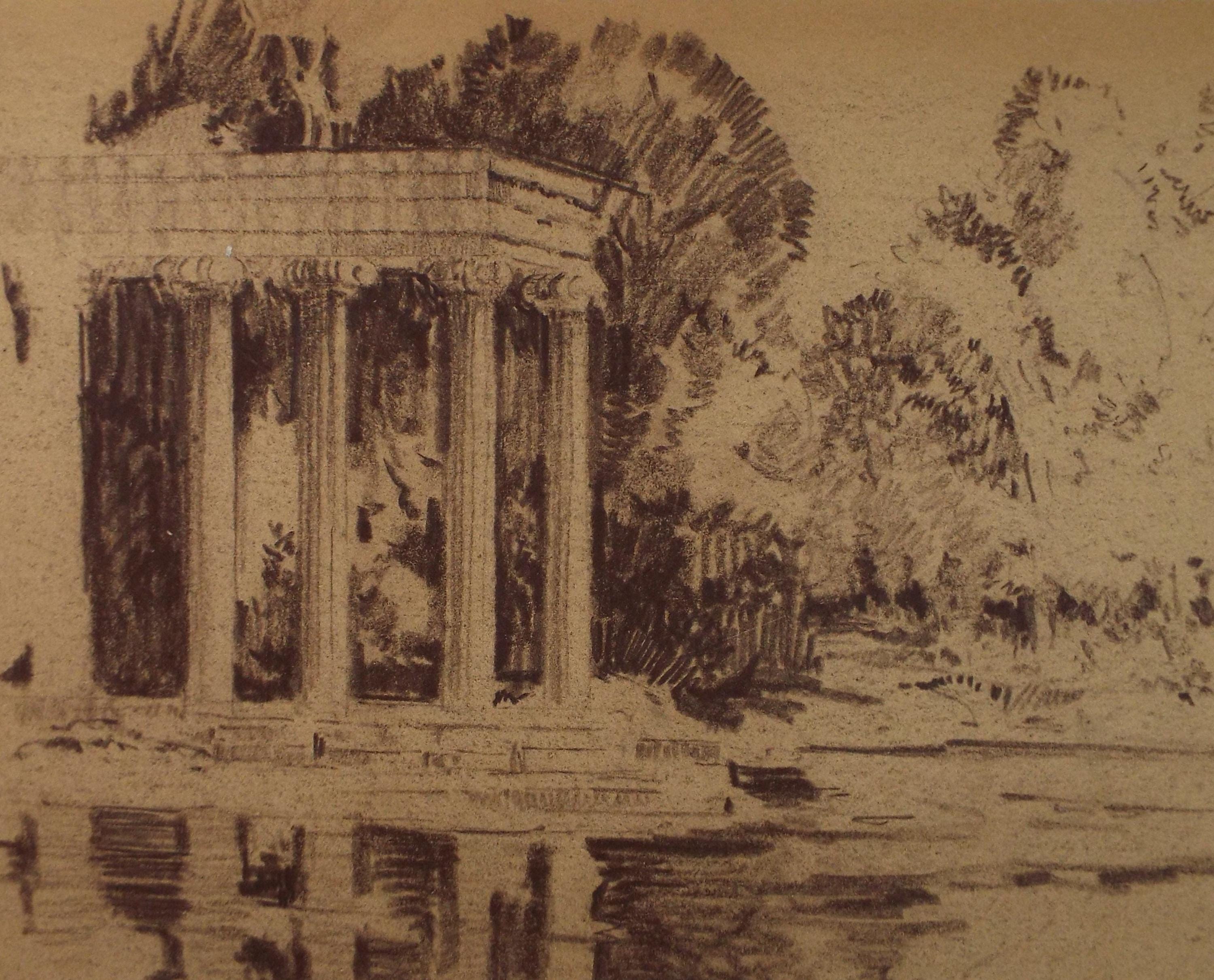 Original Pastel Drawing, 'Italian Folly', Artist Unknown, circa 1950's