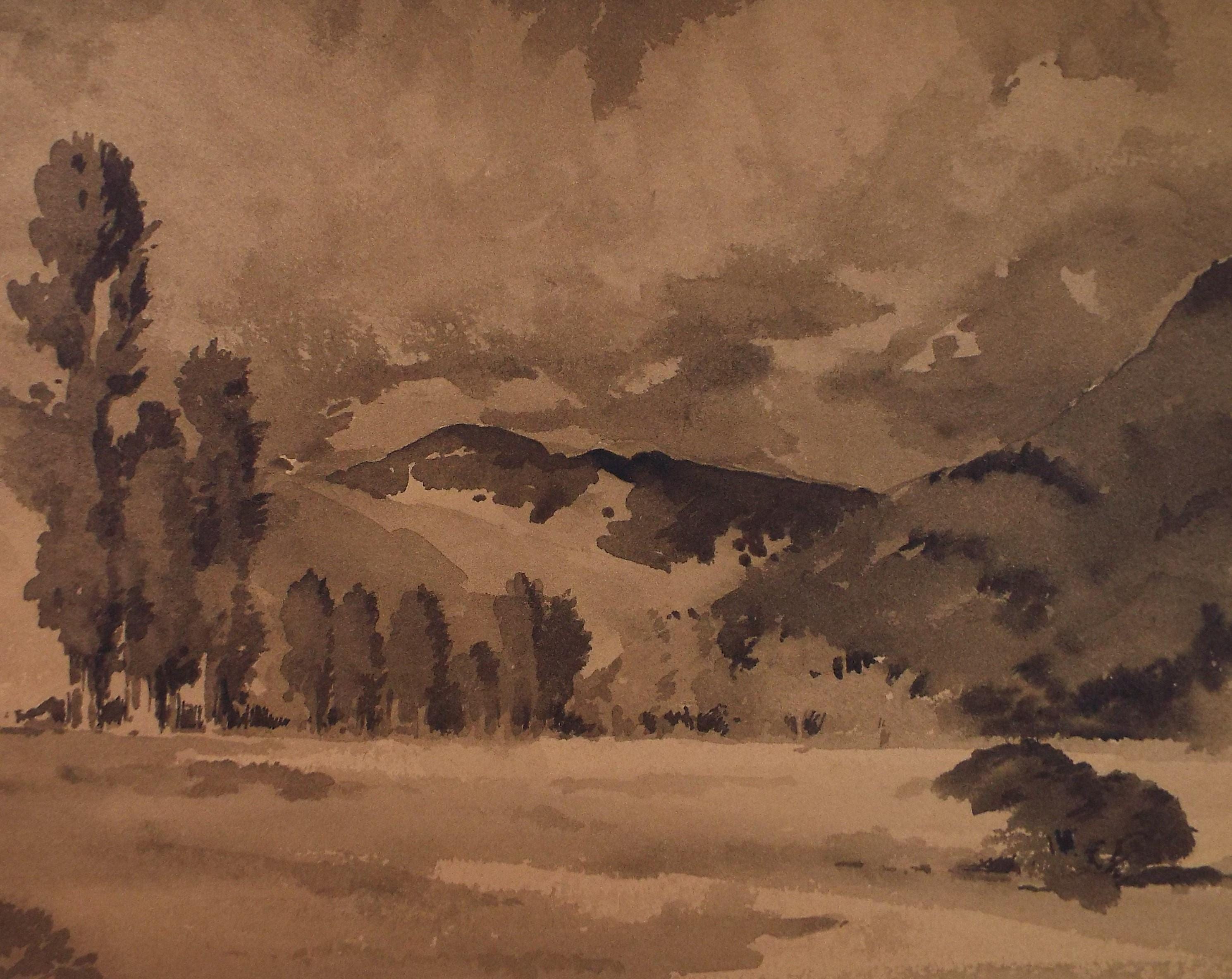 Original Sepia Watercolour, 'Landscape Study', Artist Unknown, circa 1950's