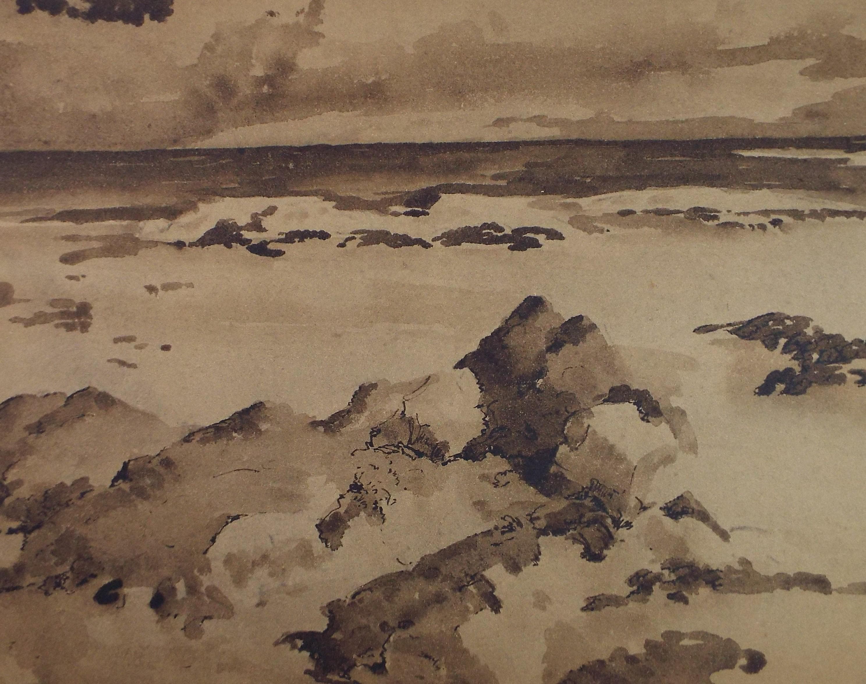 Original Sepia Watercolour, 'Coastal Study', Artist Unknown, circa 1950's