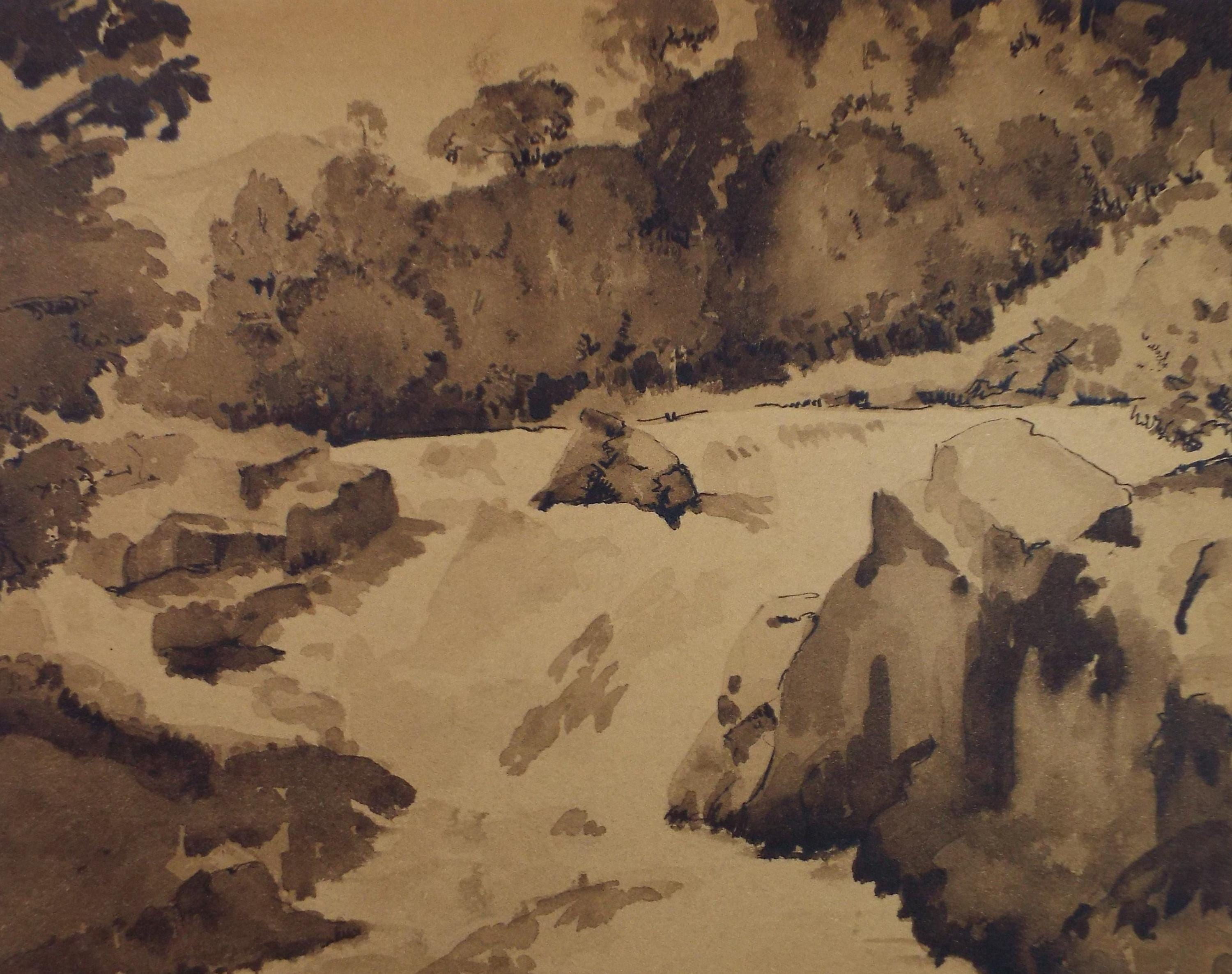 Original Sepia Watercolour, 'River Rapids', Artist Unknown, circa 1950's