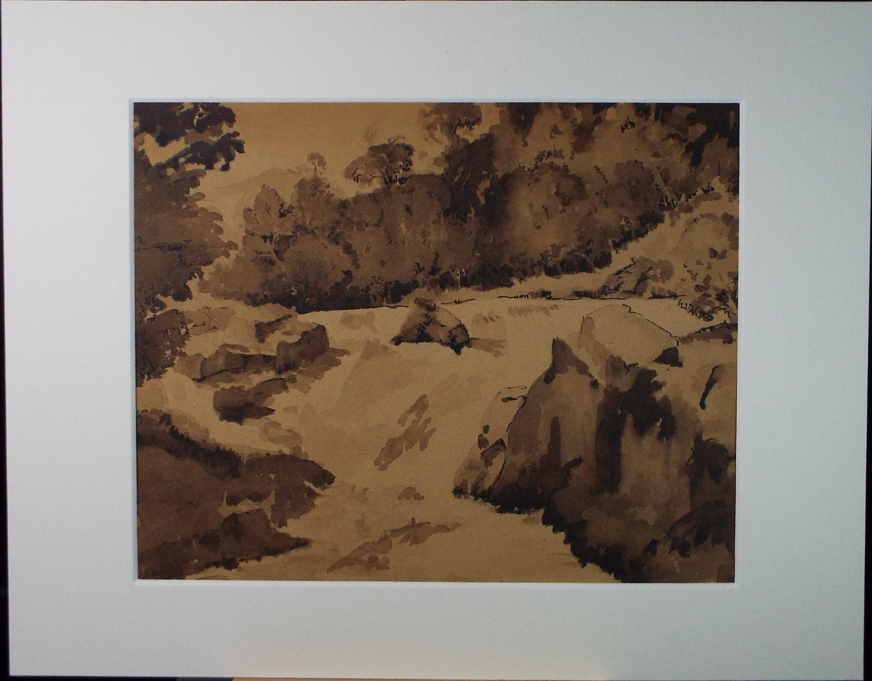 Original Sepia Watercolour, 'River Rapids', Artist Unknown, circa 1950's