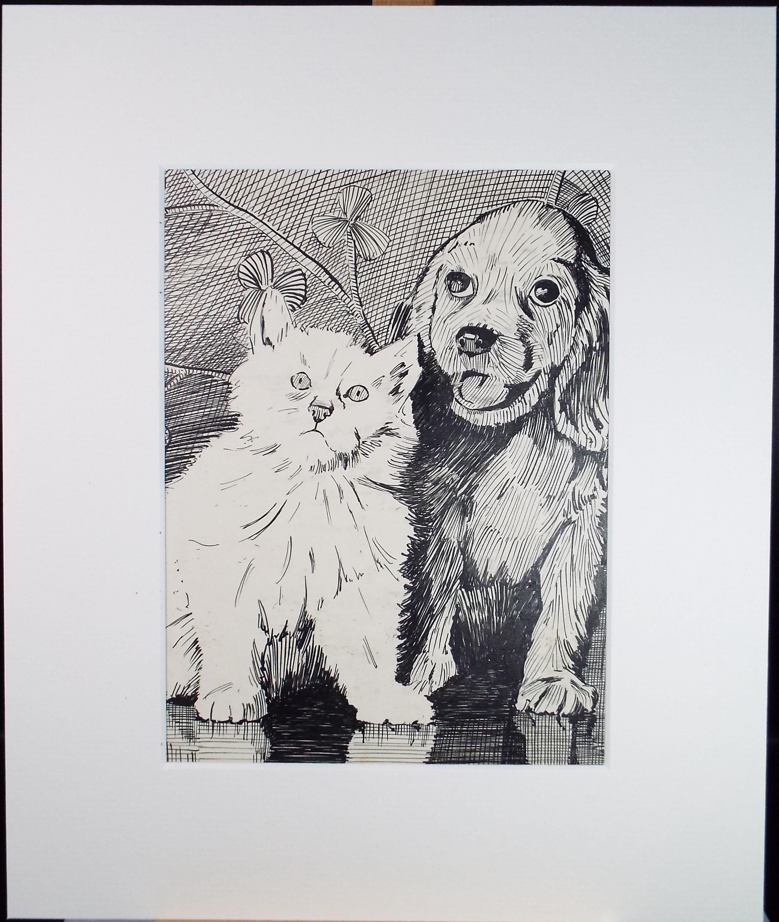 Original Pen & ink, 'Cat and Dog', unknown artist, circa 1950's