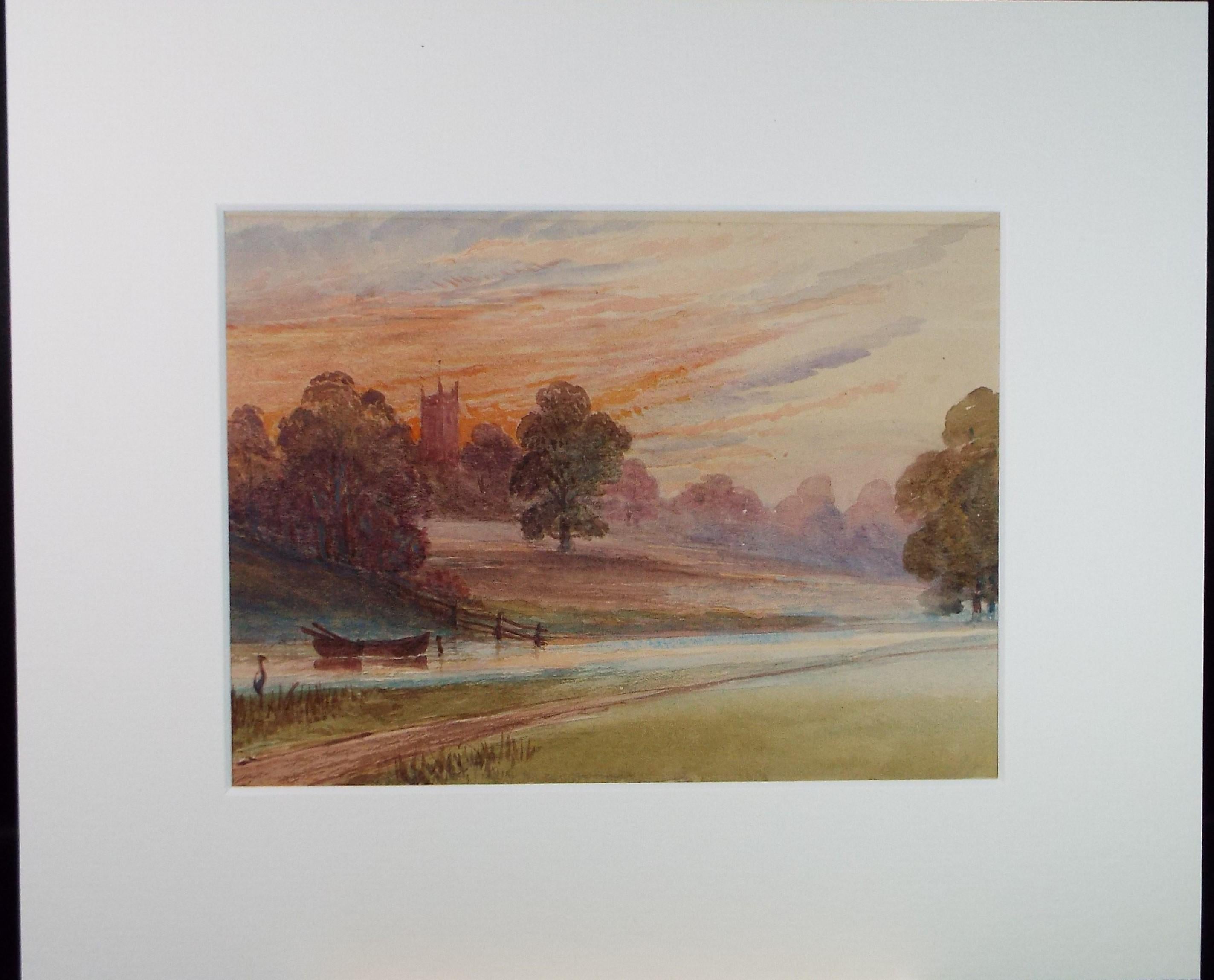 Original Watercolour, 'Landscape at Sunset', Late 19th Century, Artist Unknown