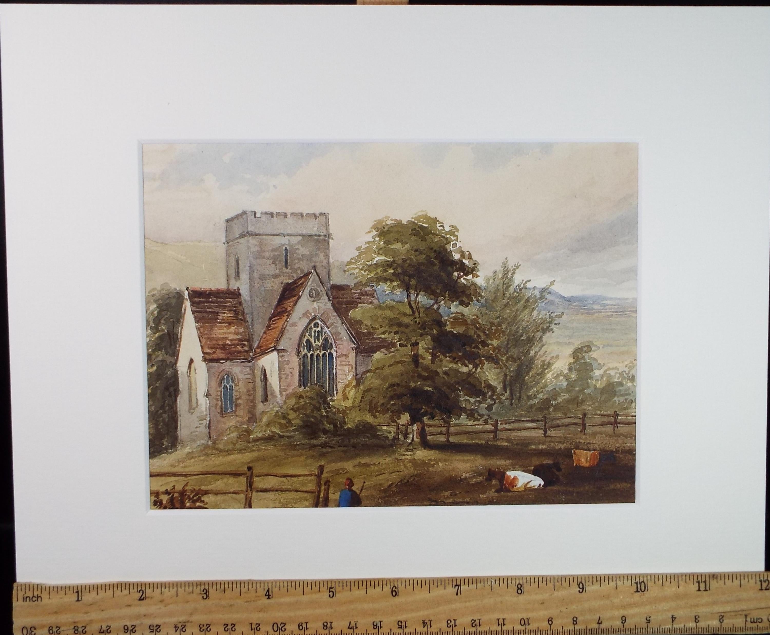 Original Watercolour, 'Church with Cattle & Figure', Late 19th Century, unknown artist