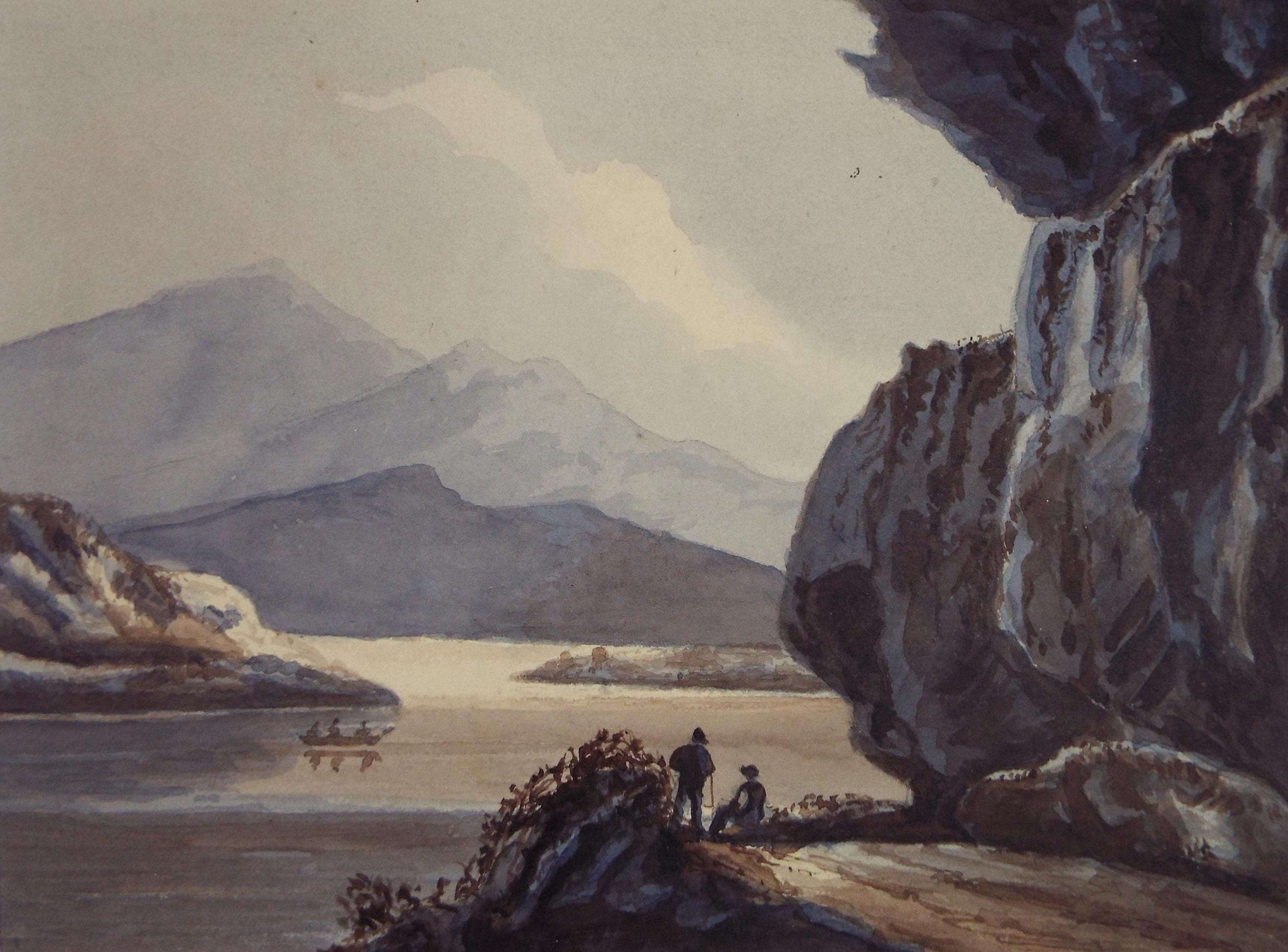 Original Watercolour,'Boats and Figures on a Lake', Mid 19th Century