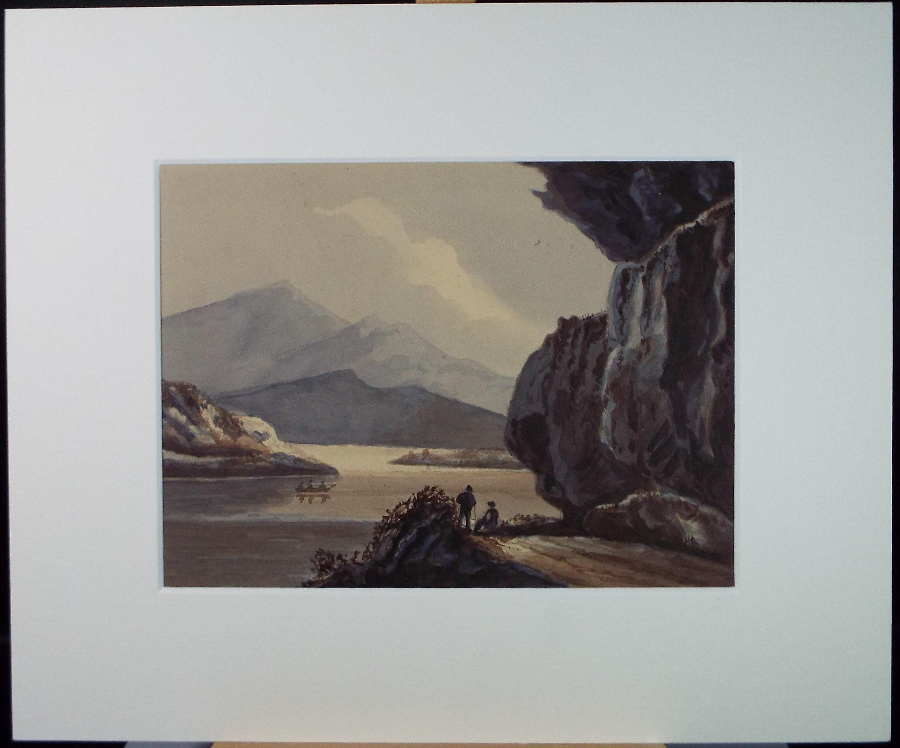 Original Watercolour,'Boats and Figures on a Lake', Mid 19th Century