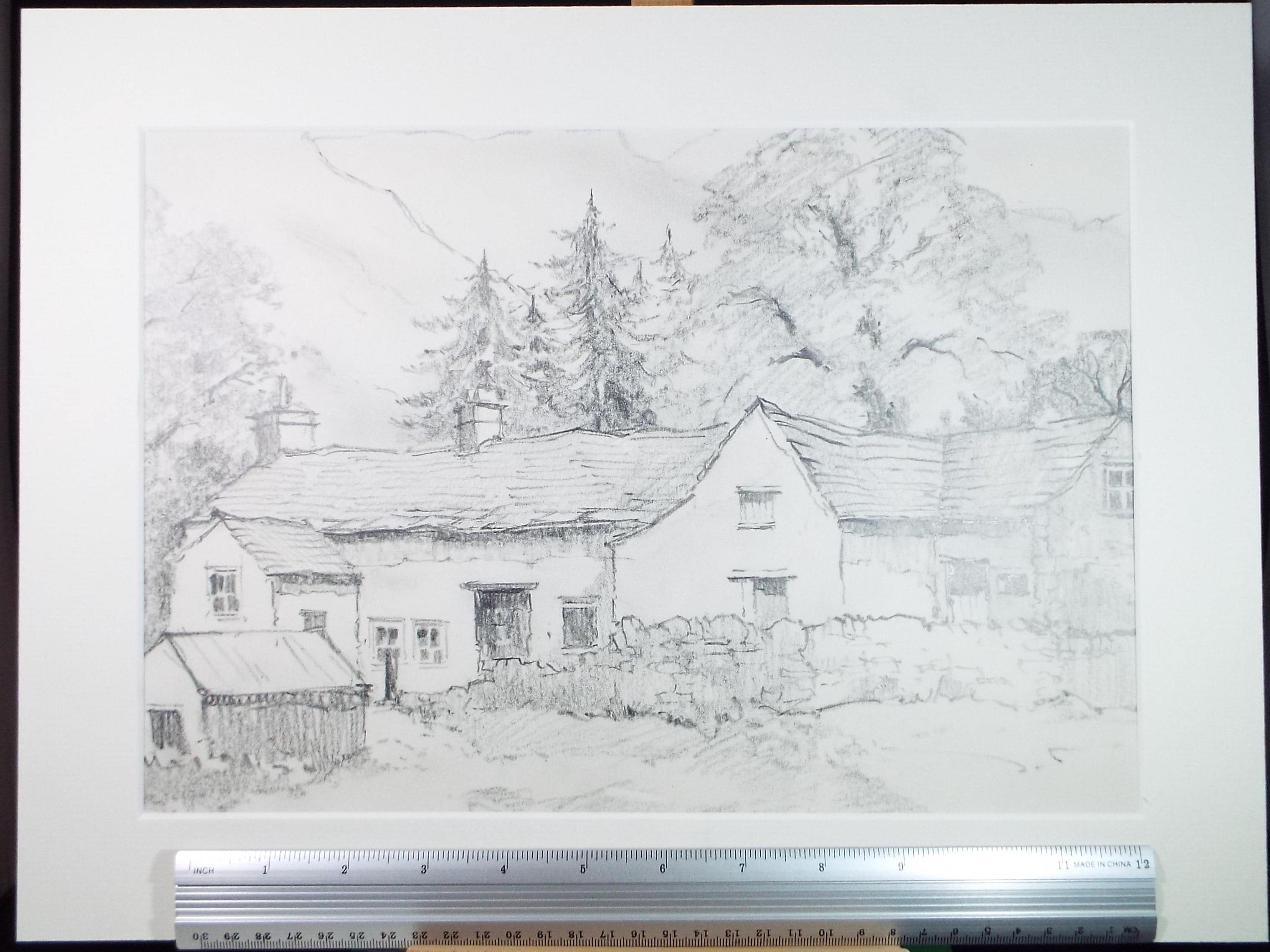 Original Pencil Drawing, 'Farmhouse below the Mountain', Tom Sykes, Circa 1980's