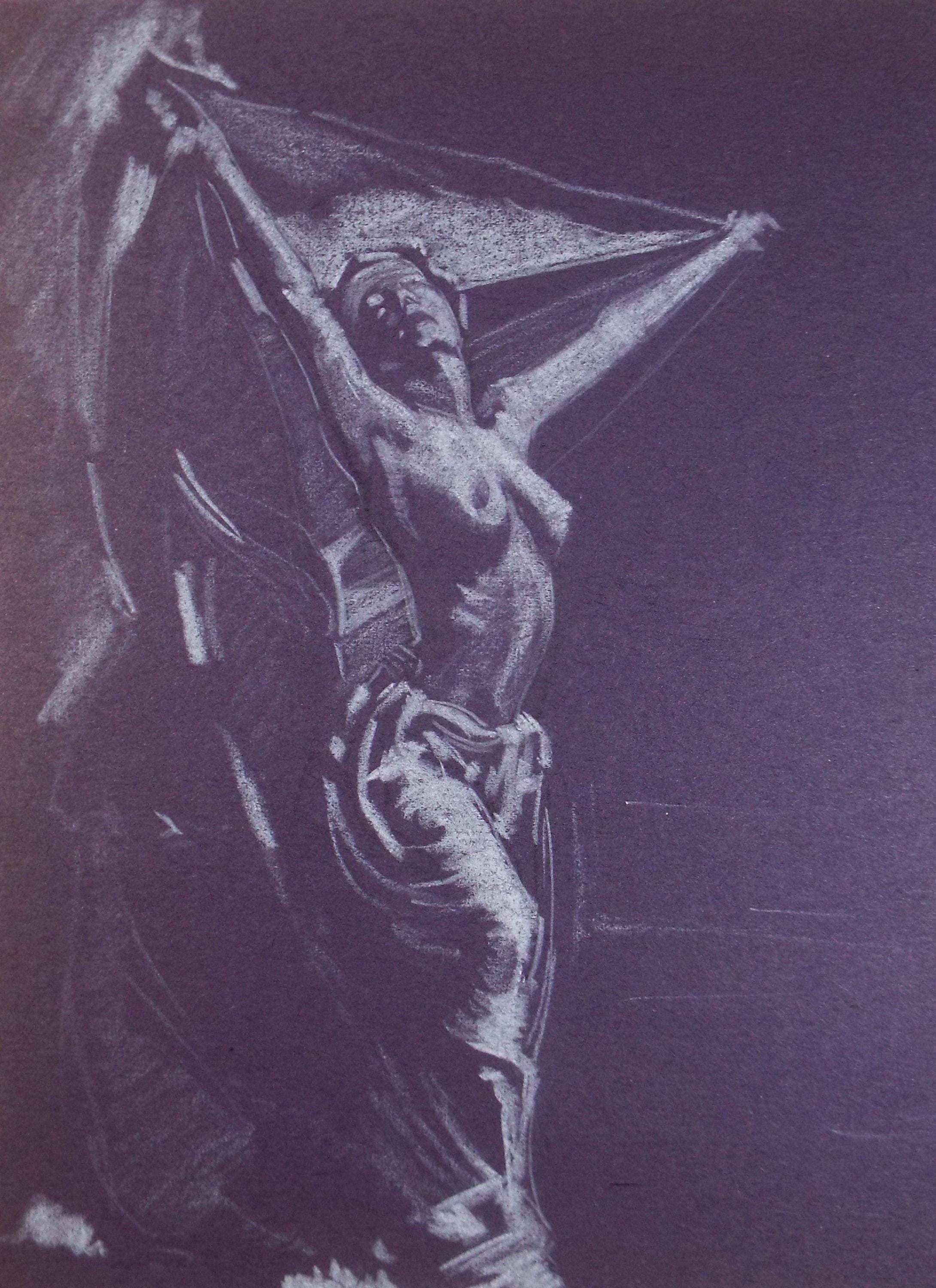 Original Pastel Drawing, 'Dancing Woman', Artist Unknown, Circa 1950's