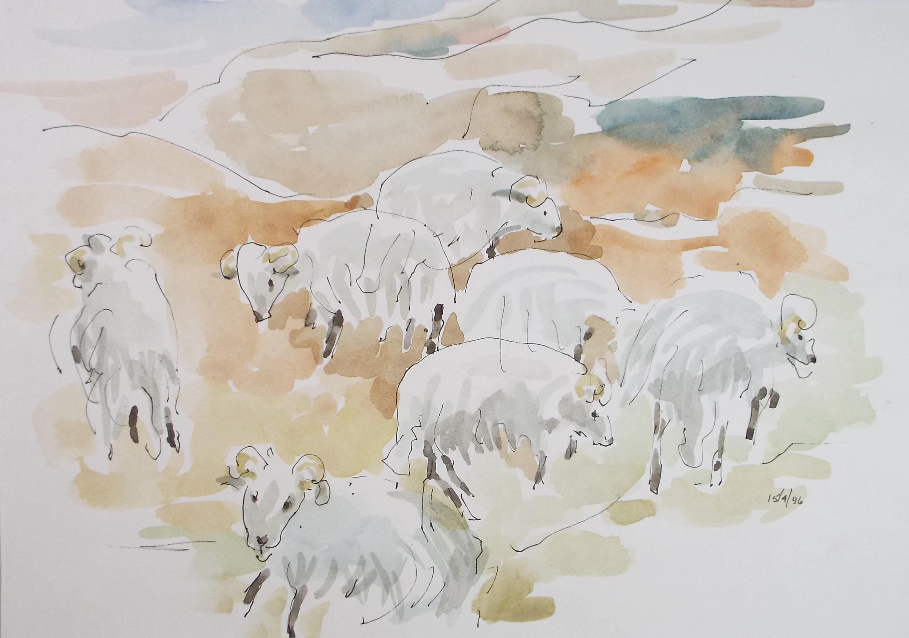 Original Watercolour, 'Flock of Sheep', artist Unknown, circa 1996