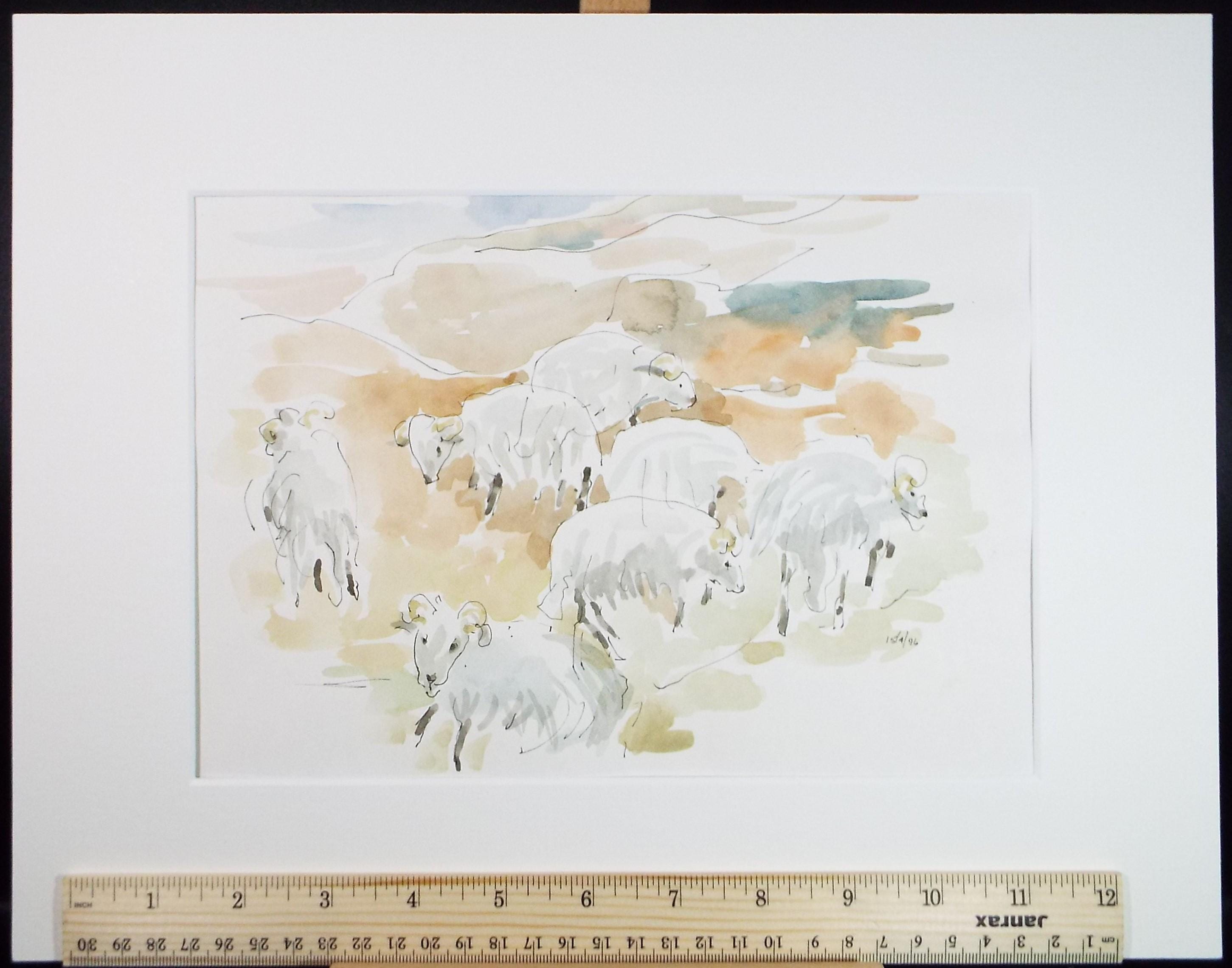 Original Watercolour, 'Flock of Sheep', artist Unknown, circa 1996