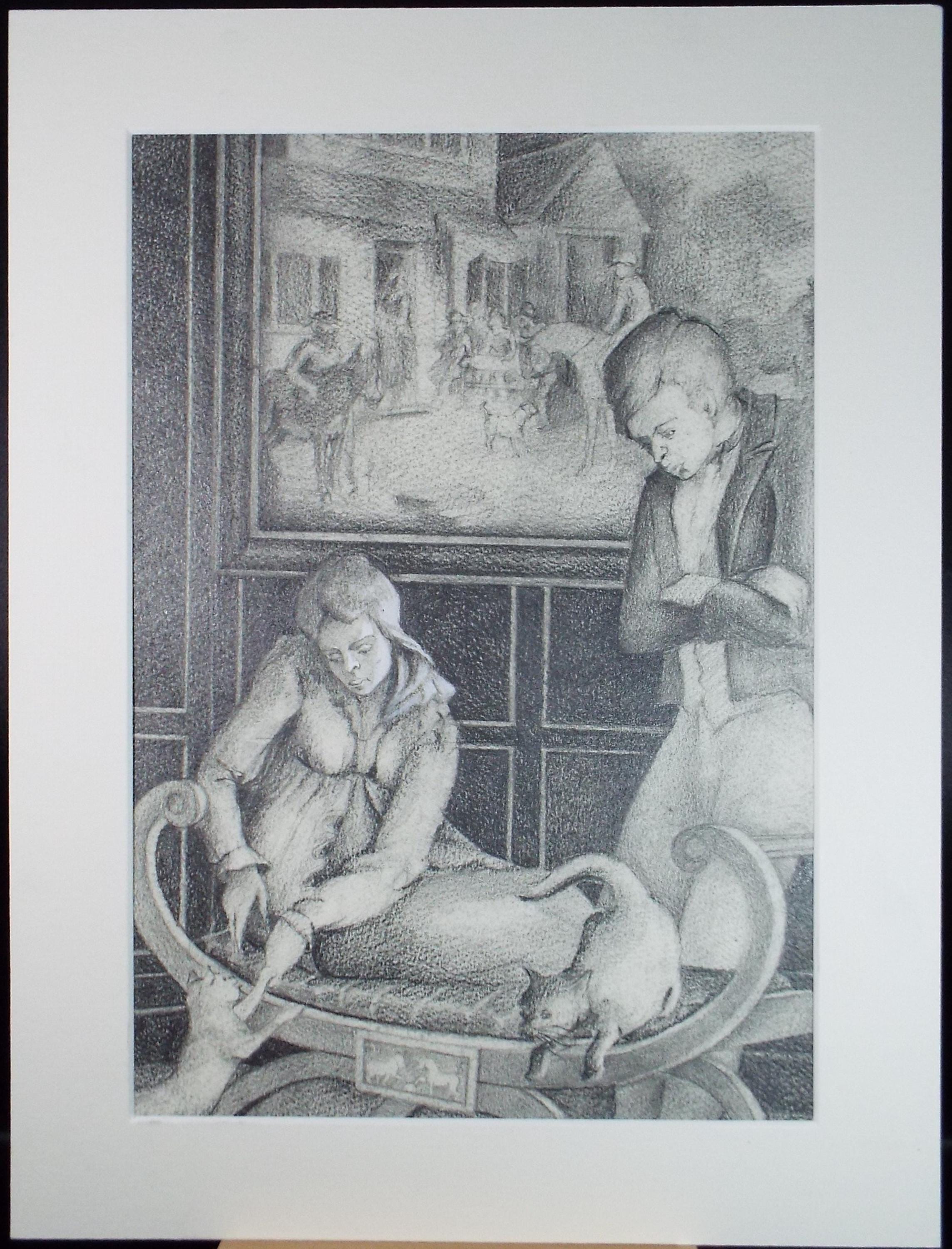 Original Pencil Drawing heightened with white,'Two Figures with Cats', Edmund Caswell (1938-1996), circa 1980's