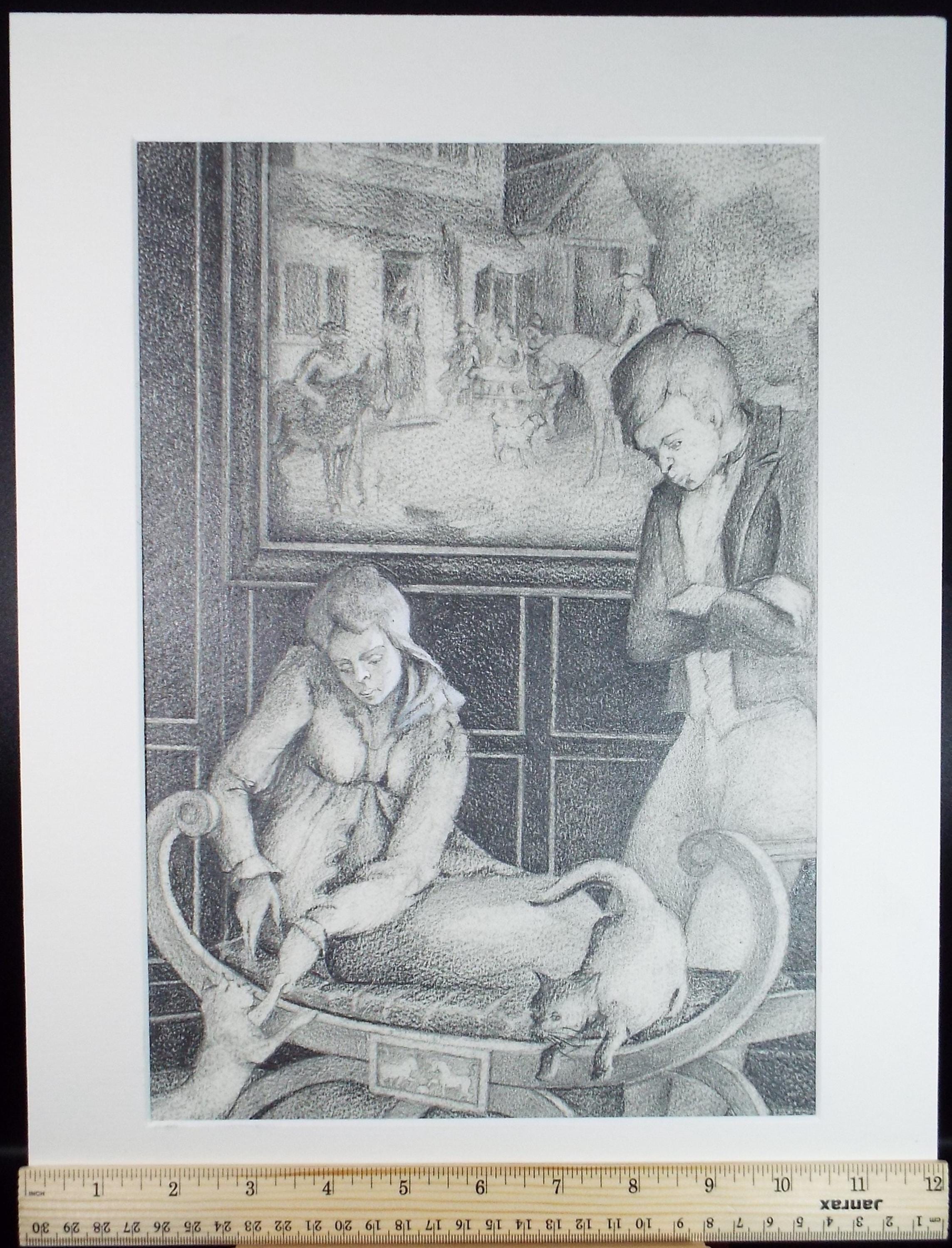 Original Pencil Drawing heightened with white,'Two Figures with Cats', Edmund Caswell (1938-1996), circa 1980's