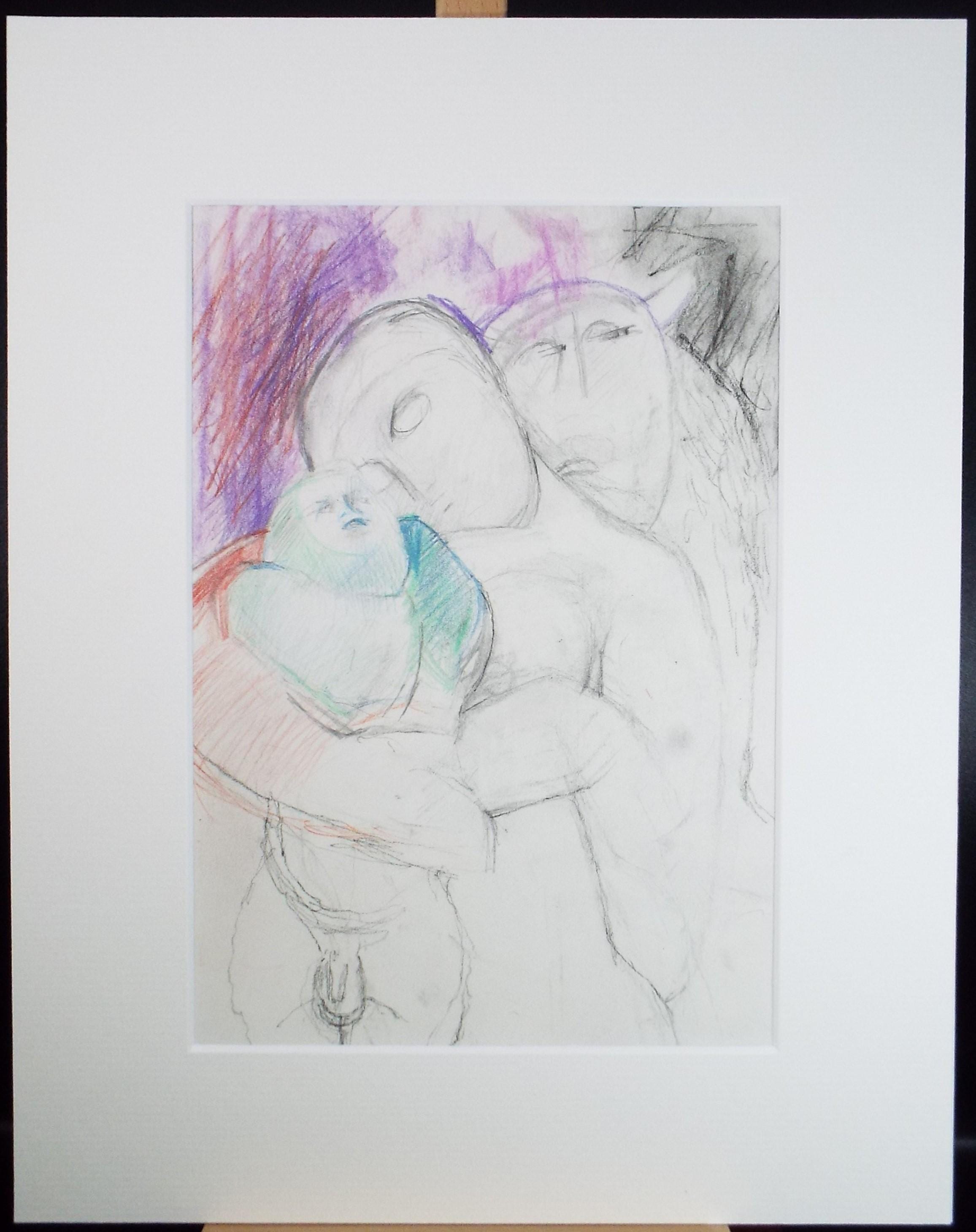 Original Pencil Drawing, 'Figures with Child', Circa 1990's, Artist unknown