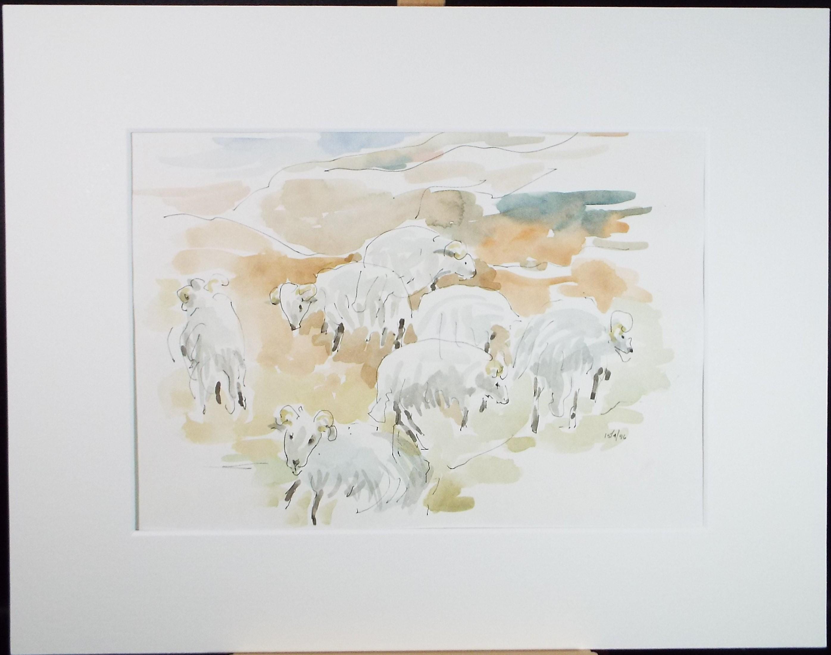 Original Watercolour, 'Flock of Sheep', artist Unknown, circa 1996