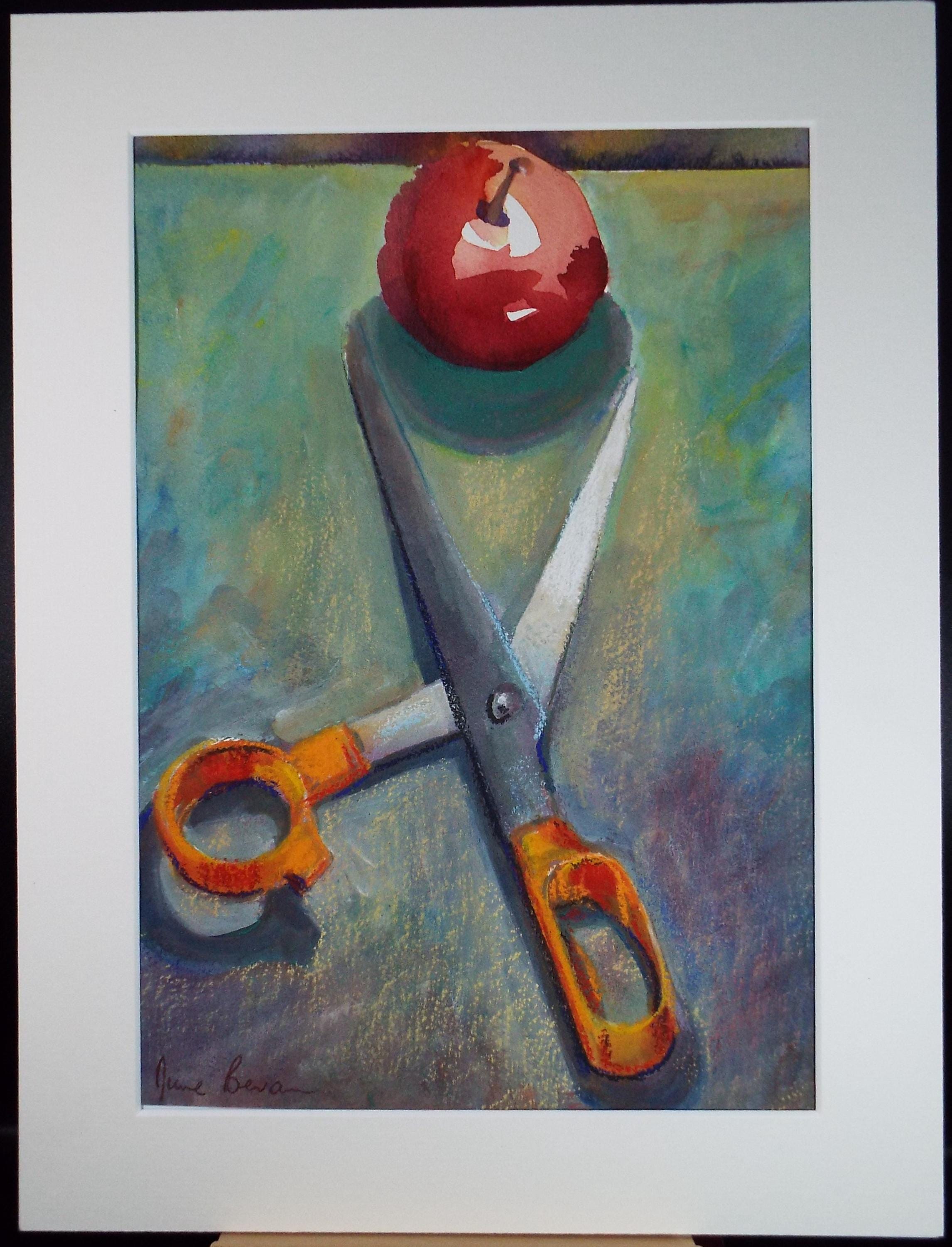 Original Watercolour, 'Menacing Scissors', June Bevan, Dated 1990