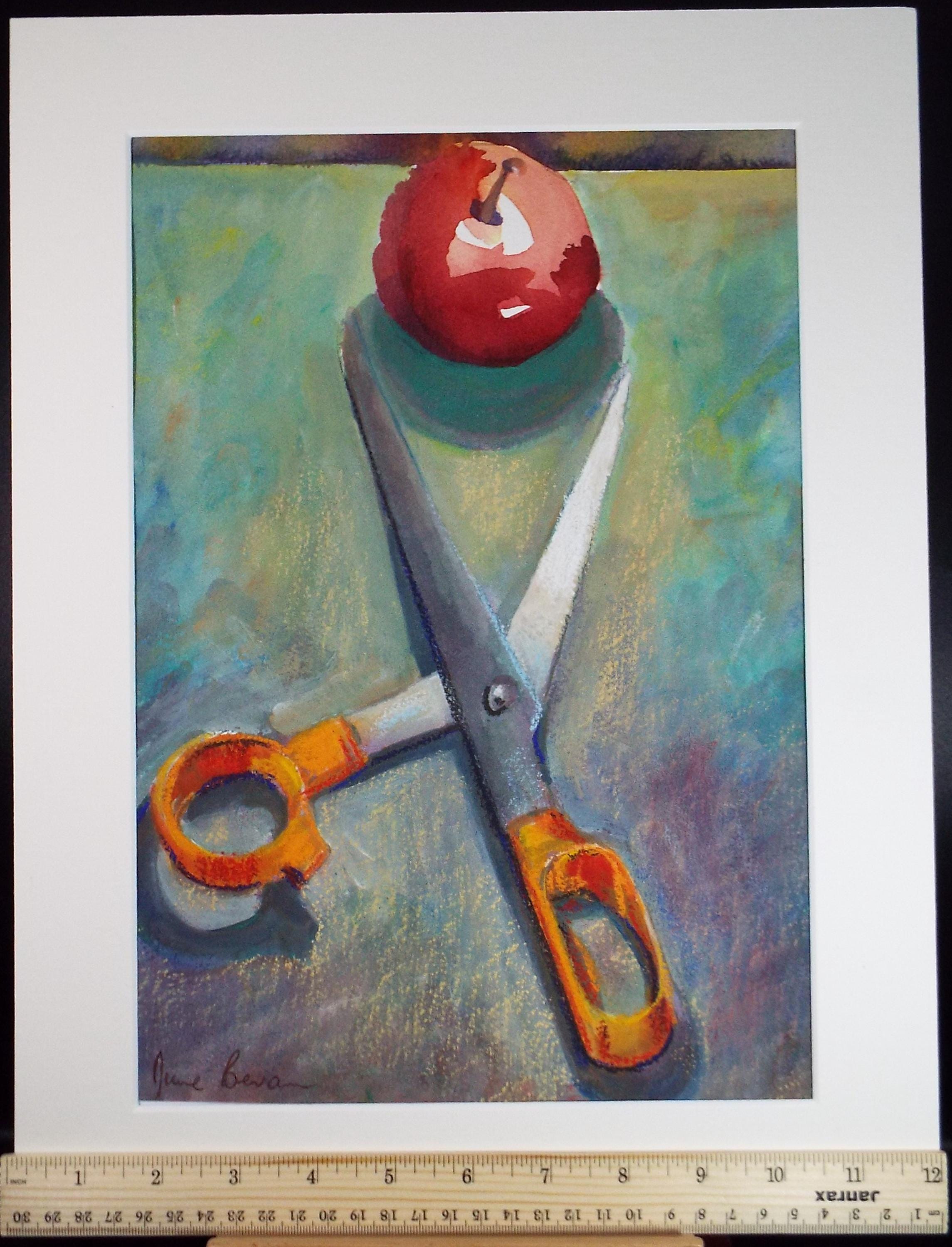 Original Watercolour, 'Menacing Scissors', June Bevan, Dated 1990