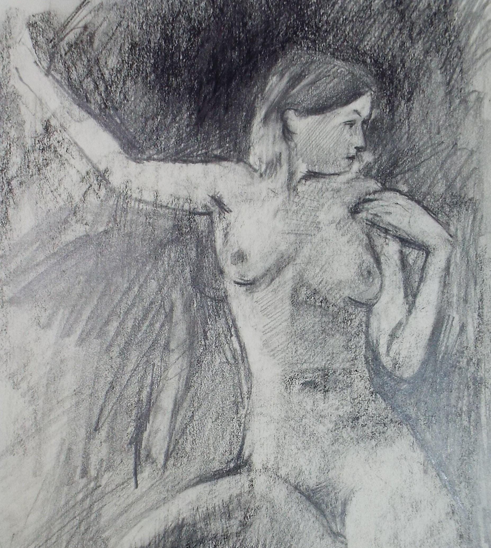 Original Pencil Drawing, 'Female Nude', Circa 1990's, Artist unknown