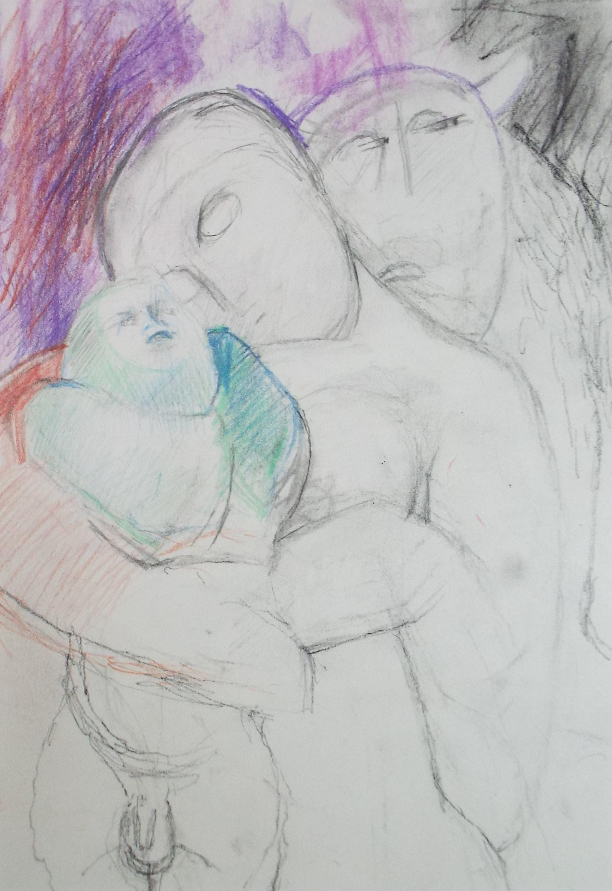 Original Pencil Drawing, 'Figures with Child', Circa 1990's, Artist unknown