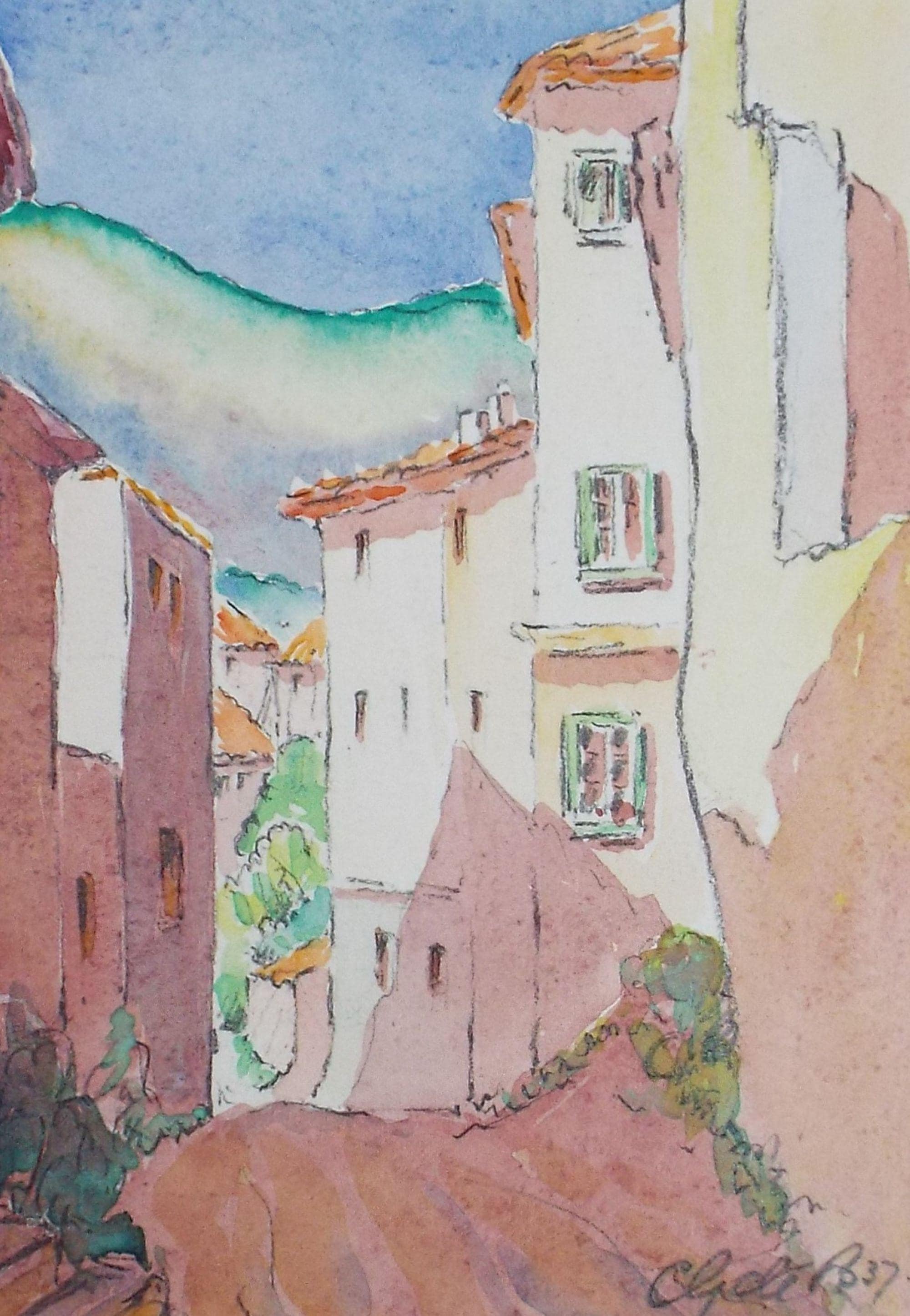 Original Watercolour & Pencil, 'Les Baux', Cicely Glyn de Beers (1891-1973), Dated 1937