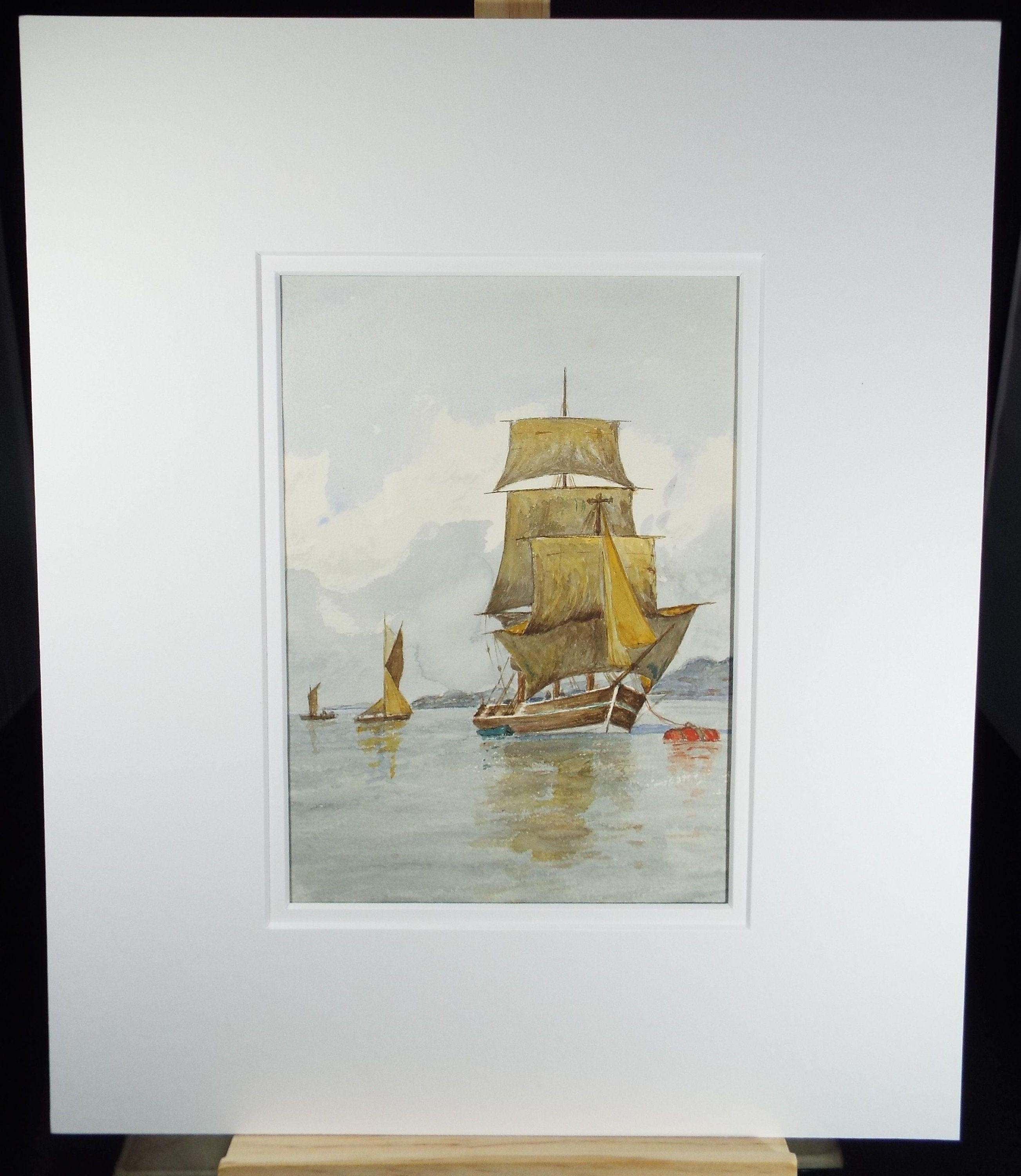 Original Watercolour, 'Tall Ship on a Mooring', c1910, Unknown Artist