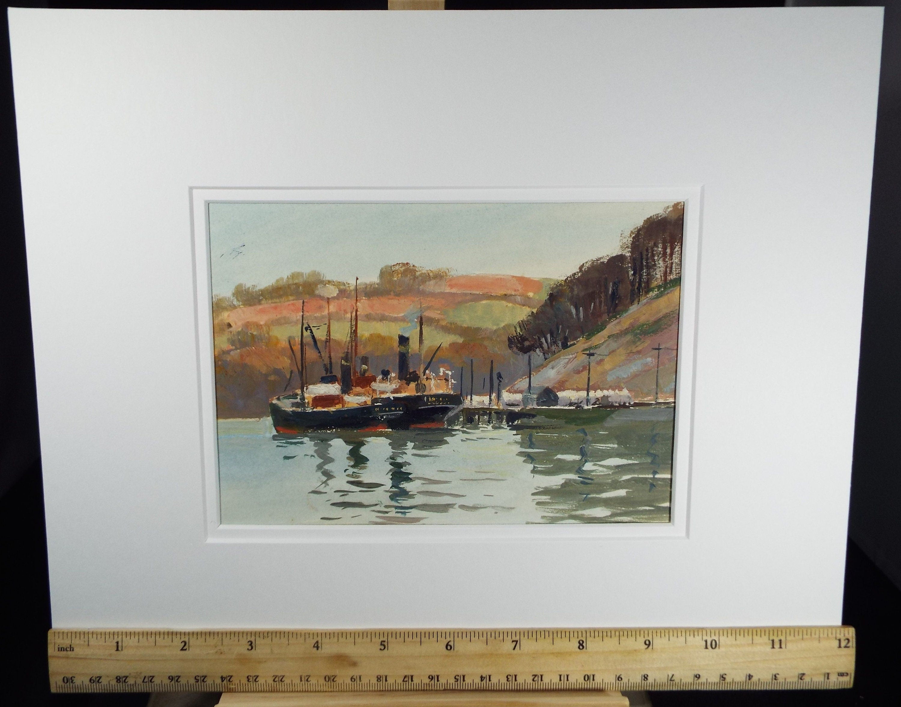 Original Watercolour, 'Landing Stage with Two Ships', c1950's, Unknown Artist