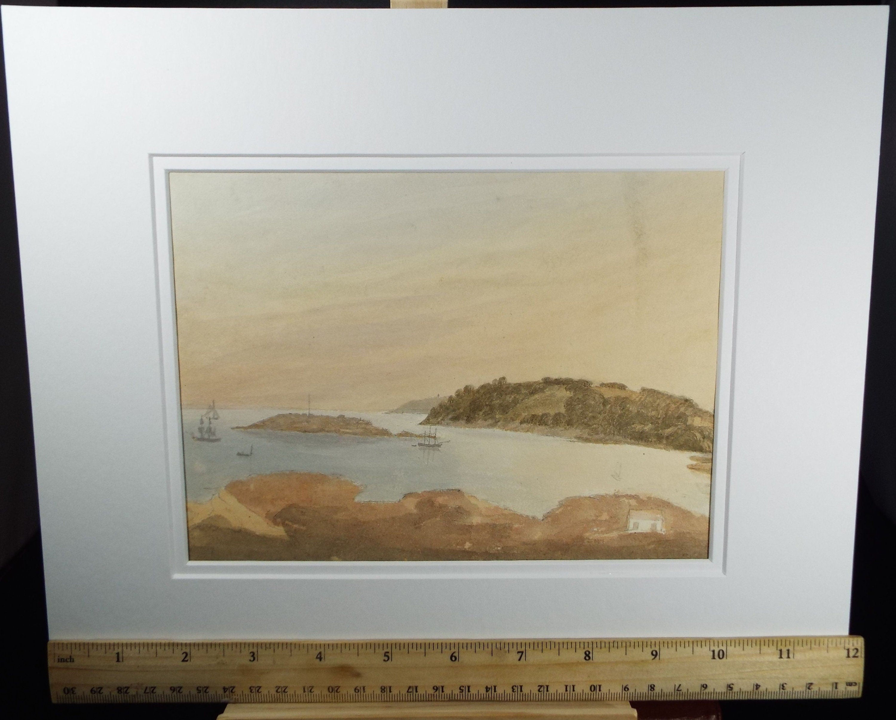 Original Watercolour c1820's, 'Bay with Island and Shipping' Unknown Artist - Marine Landscape - Tall Ships at Sea