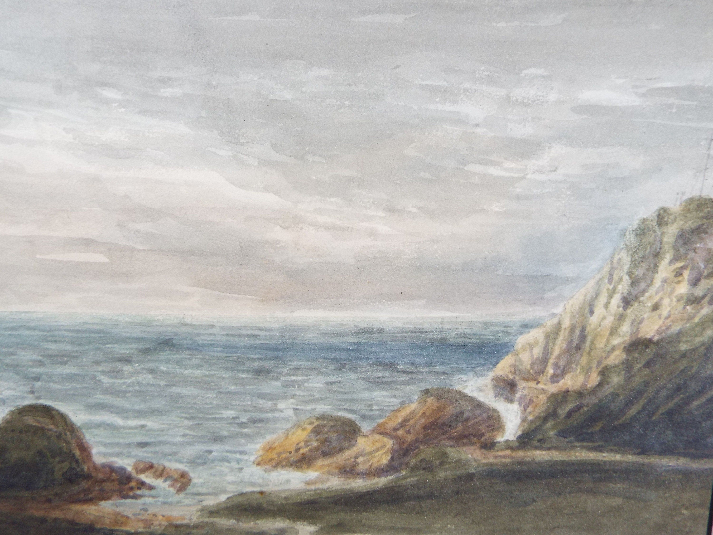 Original Watercolour c1820's, 'Rocky Coast with Semaphore Station'   Unknown Artist - Marine Landscape - Coastal Cliffs