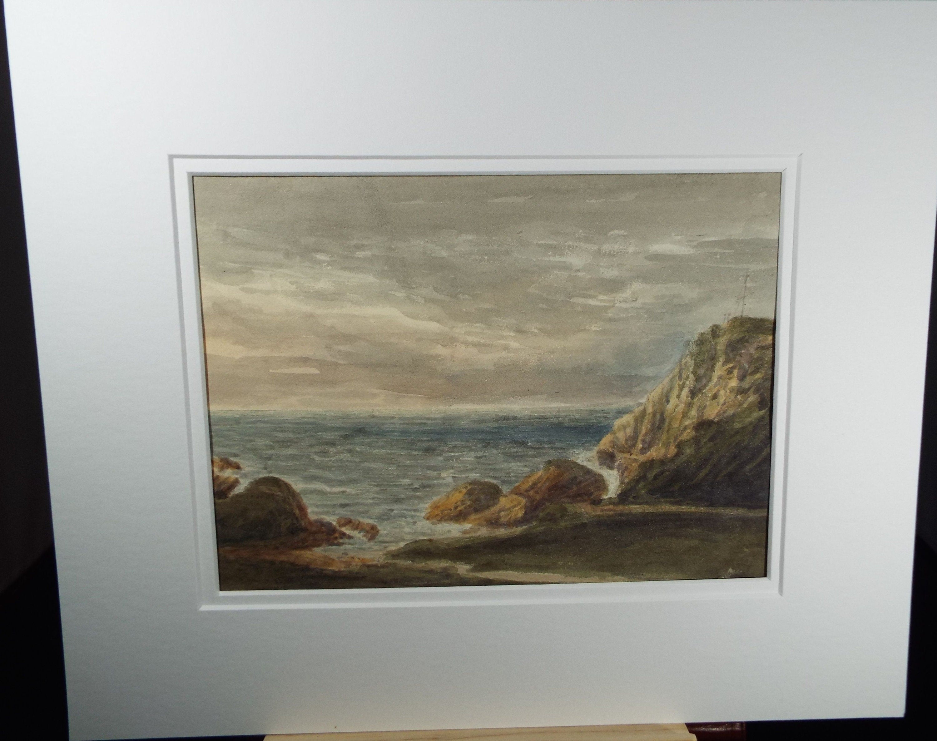 Original Watercolour c1820's, 'Rocky Coast with Semaphore Station'   Unknown Artist - Marine Landscape - Coastal Cliffs