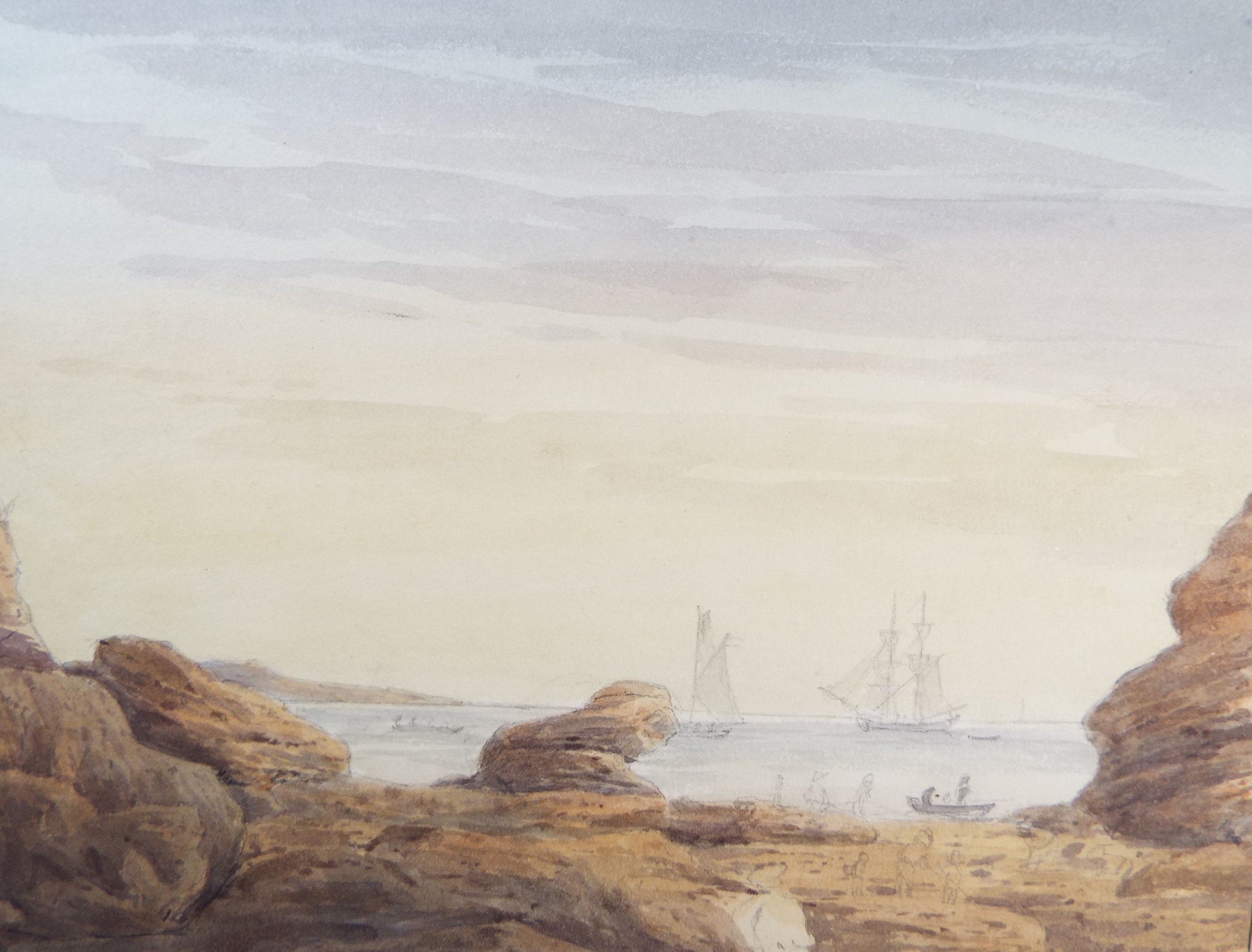 Original Watercolour c1820's, 'Rocky Bay with Shipping' Unknown Artist - Marine Landscape - Tall Ships at Sea and Unloading