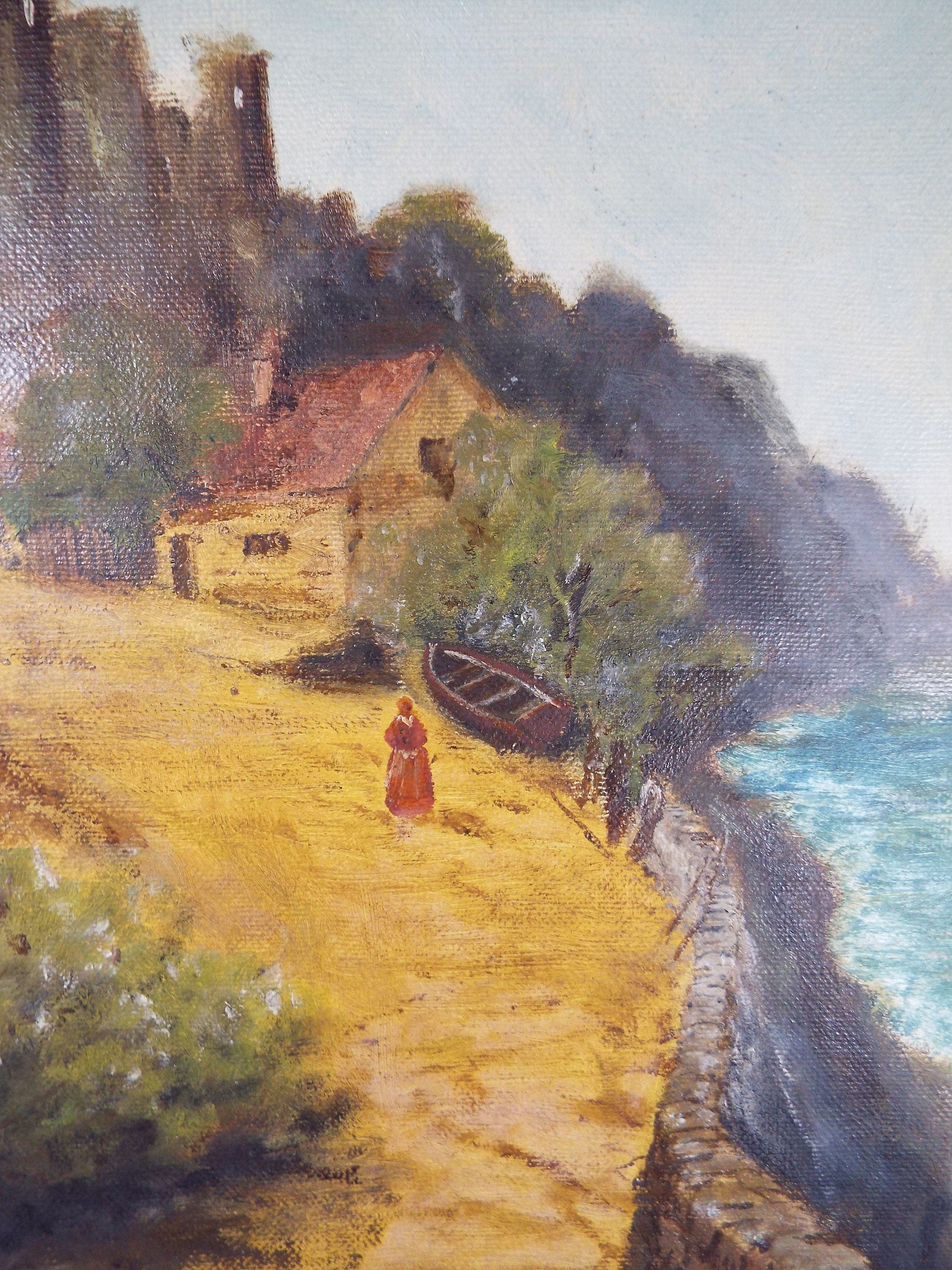 Original oil on Paper, 'The Coastal Path', c1900, Unknown Artist