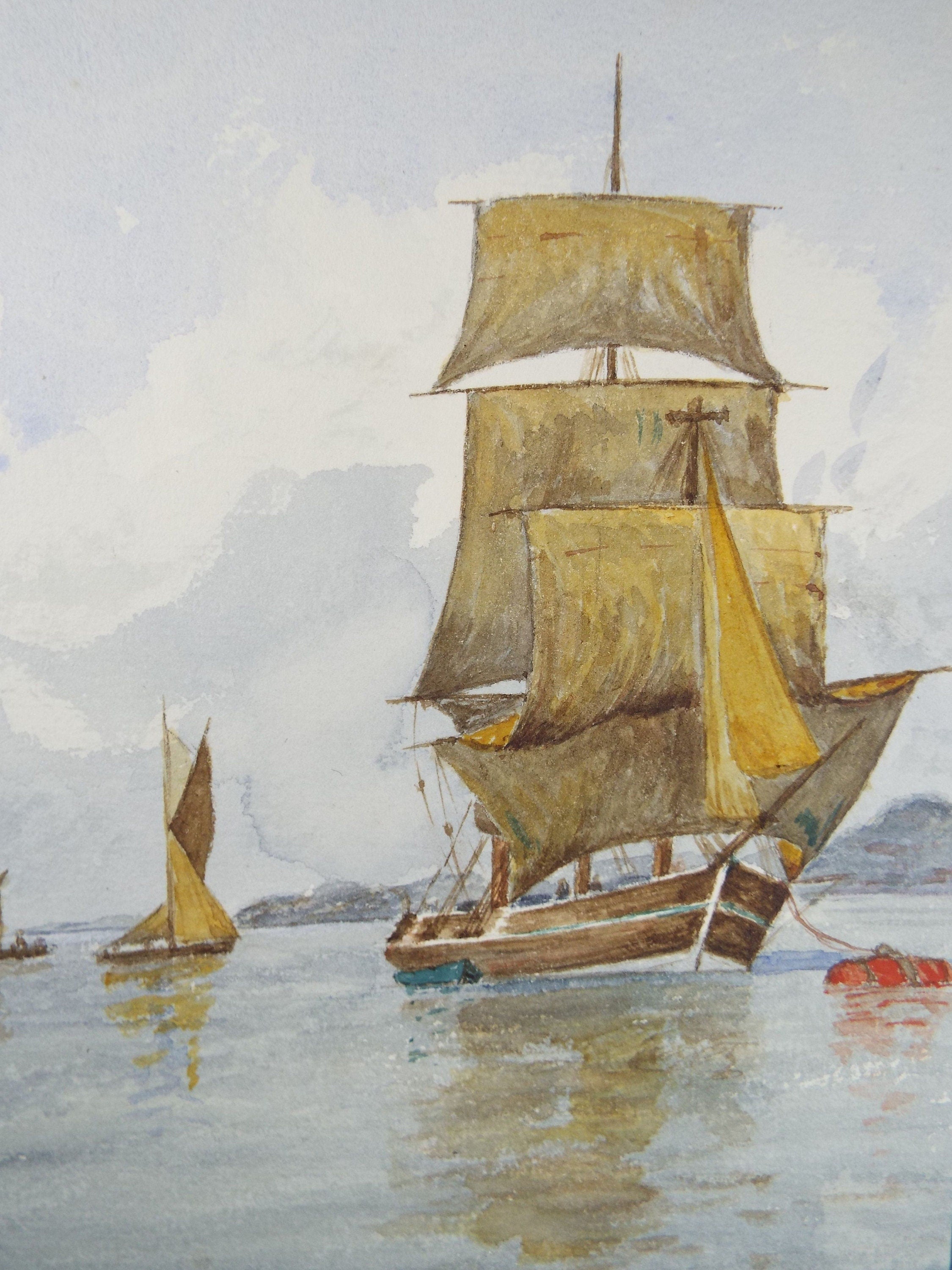 Original Watercolour, 'Tall Ship on a Mooring', c1910, Unknown Artist