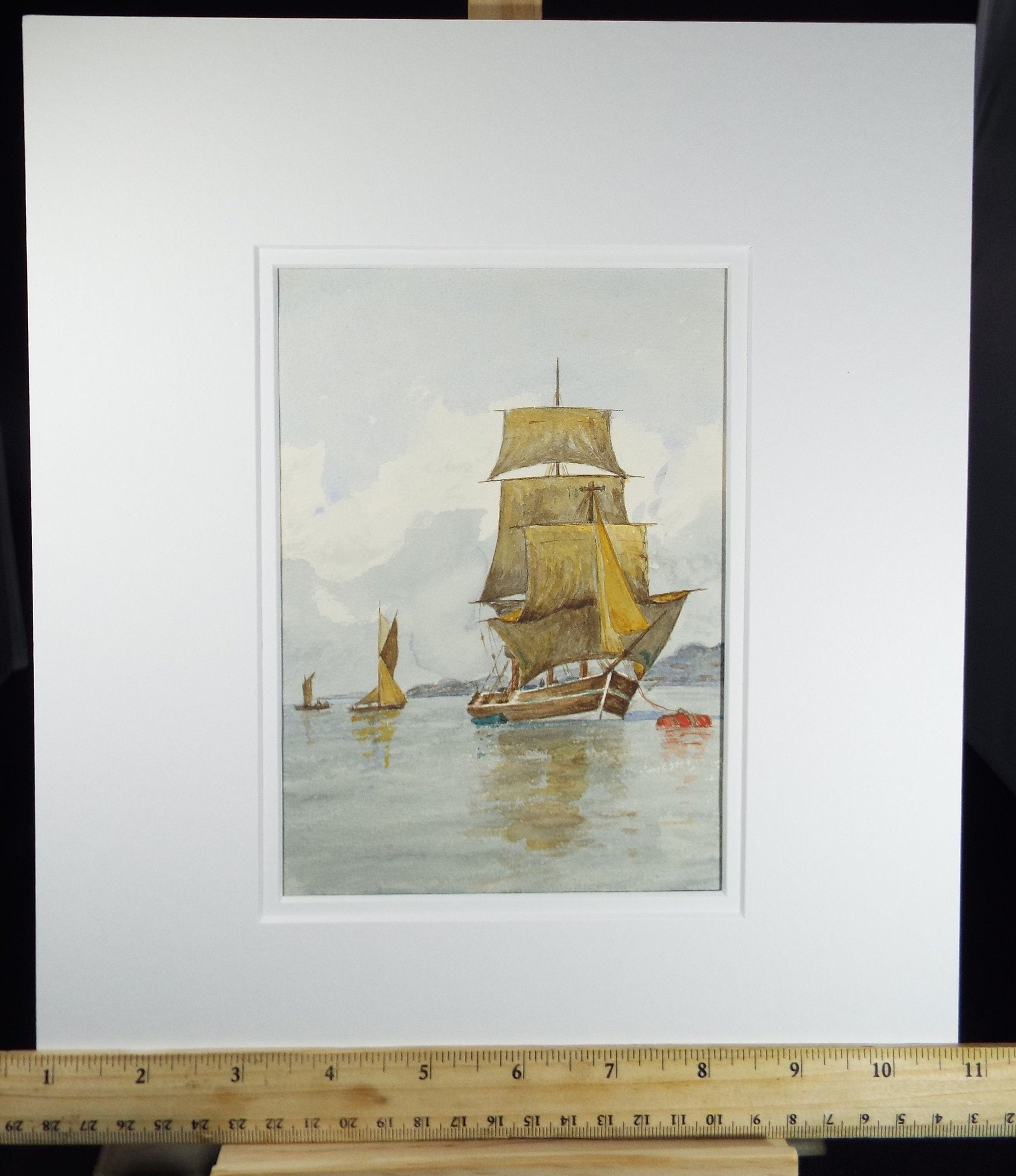 Original Watercolour, 'Tall Ship on a Mooring', c1910, Unknown Artist