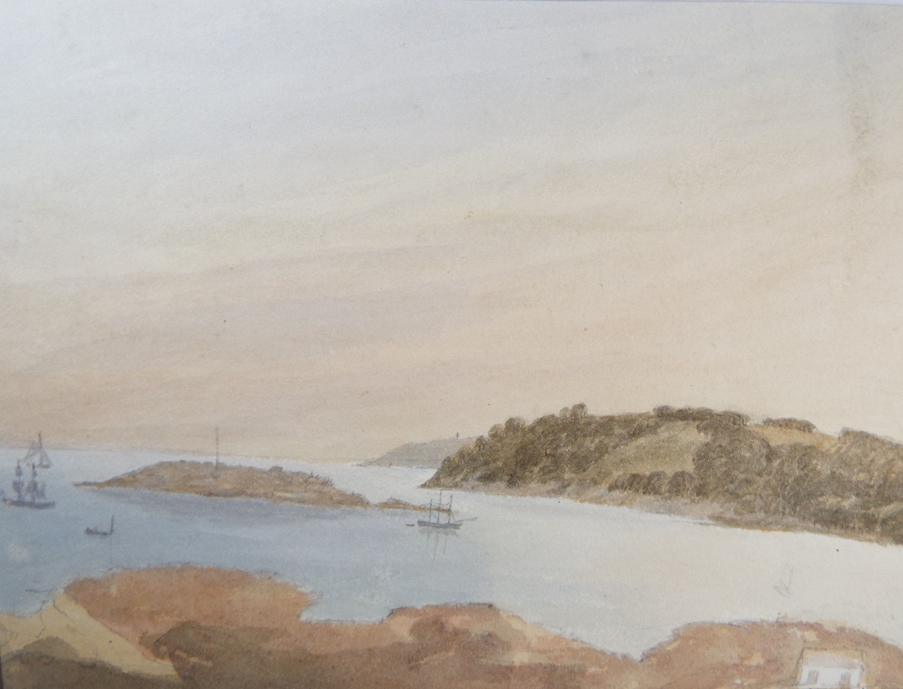 Original Watercolour c1820's, 'Bay with Island and Shipping' Unknown Artist - Marine Landscape - Tall Ships at Sea