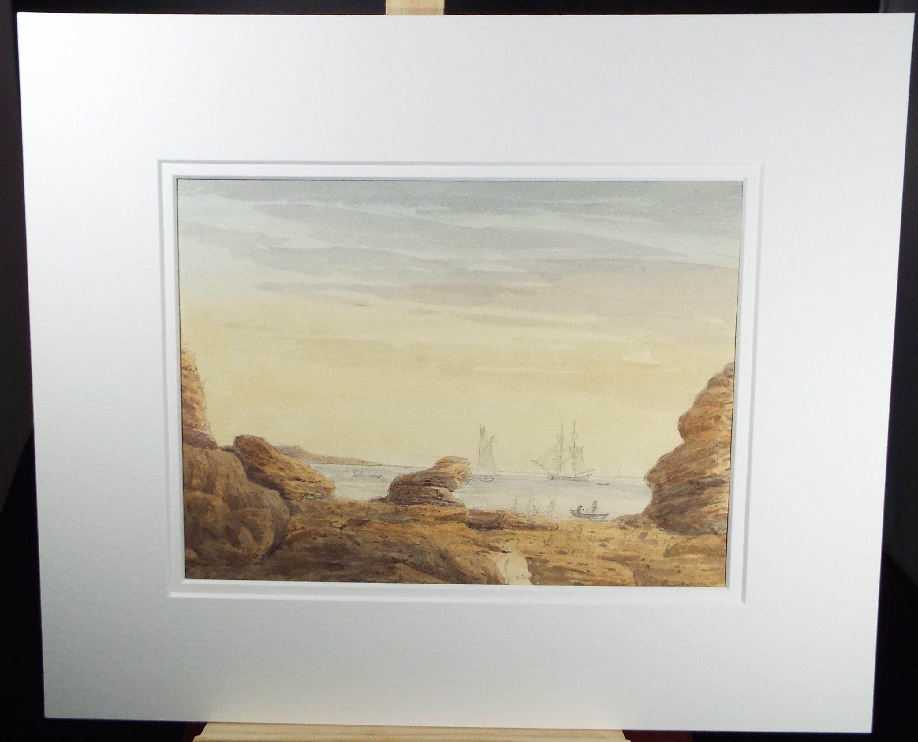 Original Watercolour c1820's, 'Rocky Bay with Shipping' Unknown Artist - Marine Landscape - Tall Ships at Sea and Unloading