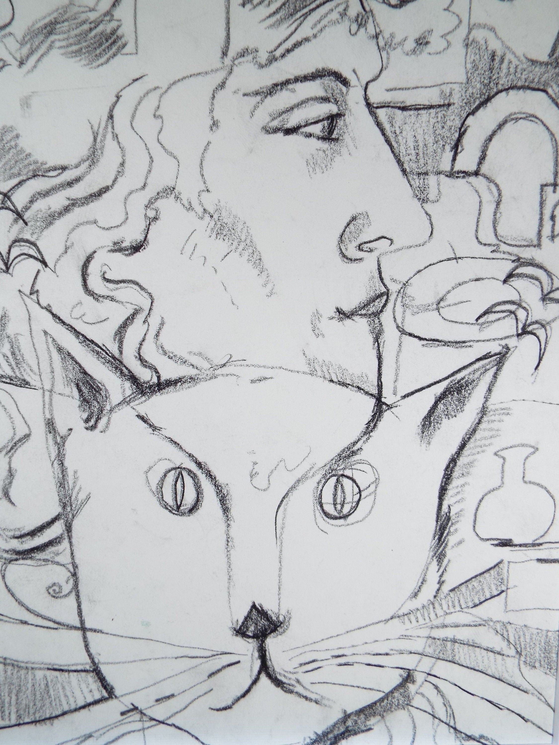 Pencil Drawing, 'Portait of Woman & Cat' 1980's, 20th Century Scottish School - Circle of  Donald Mackenzie