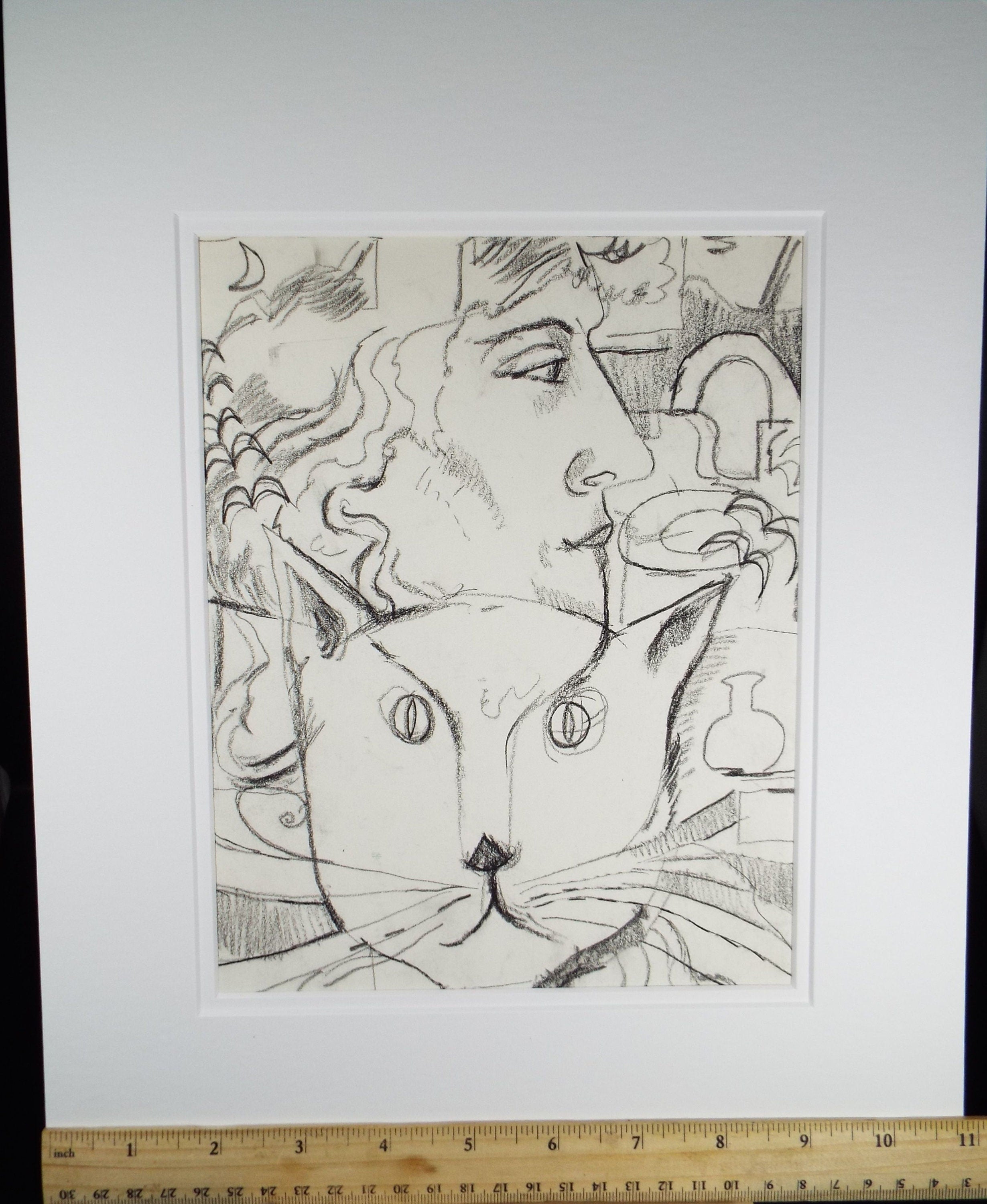 Pencil Drawing, 'Portait of Woman & Cat' 1980's, 20th Century Scottish School - Circle of  Donald Mackenzie