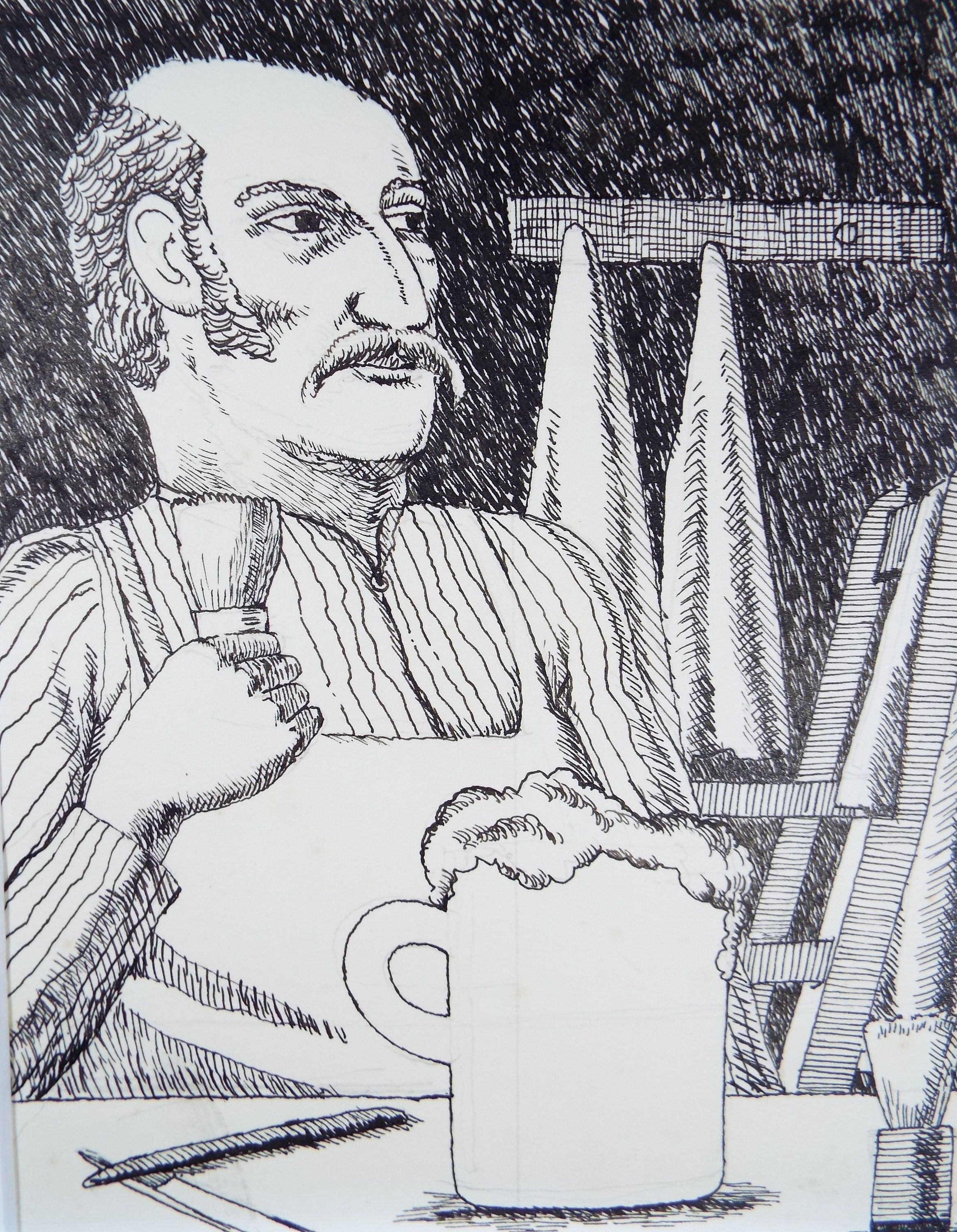 Original Pen & Ink, 'The Barber' c1980's - Donald Mackenzie b 1944