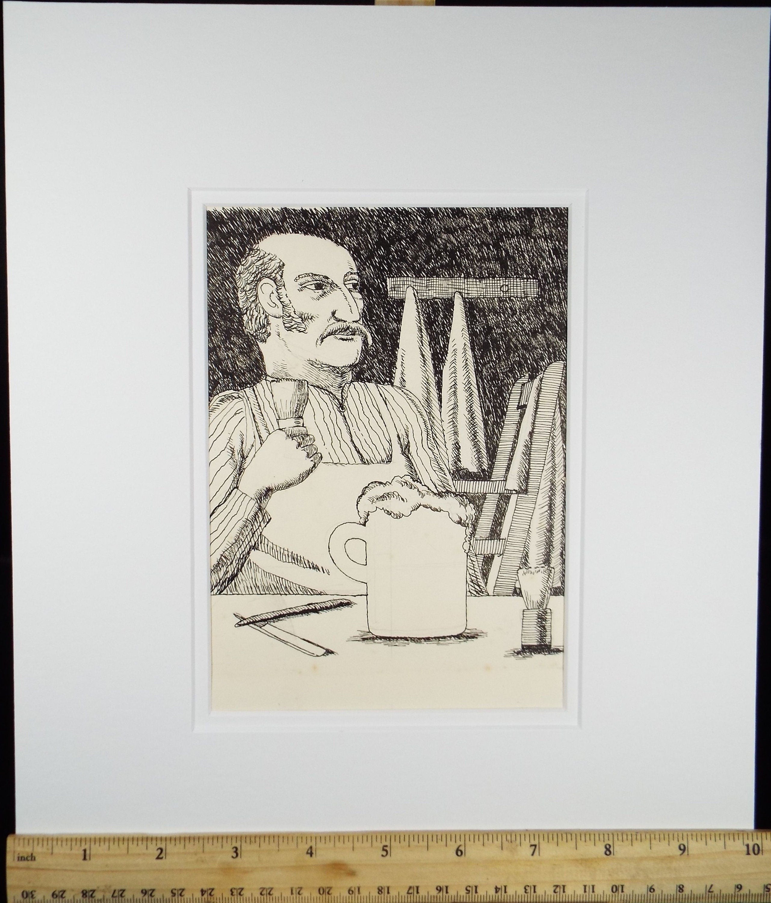 Original Pen & Ink, 'The Barber' c1980's - Donald Mackenzie b 1944