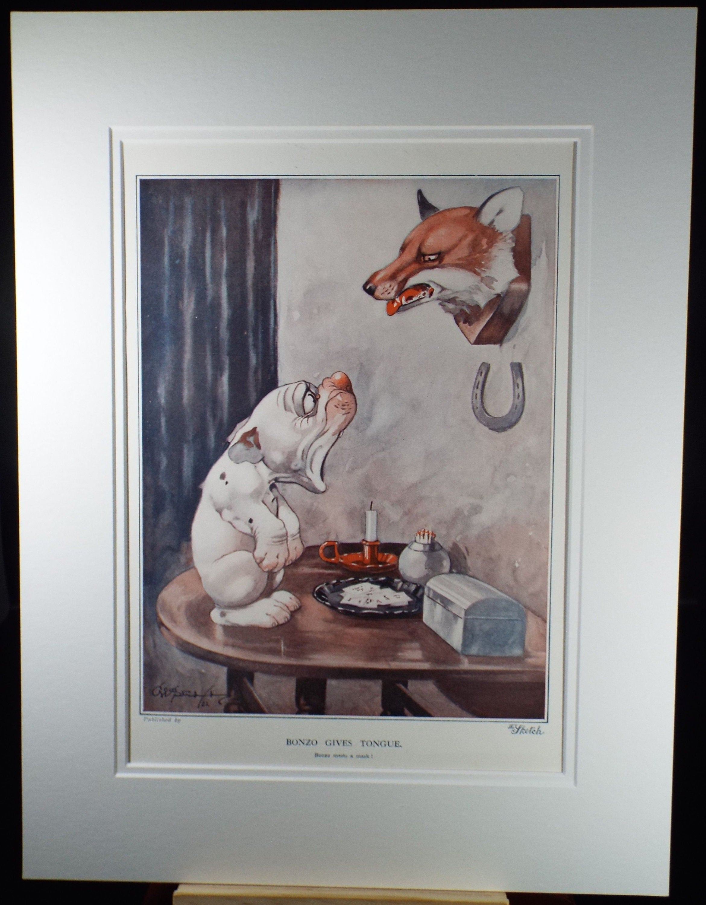 Bonzo the Dog - G. E Studdy, 'Bonzo Gives Tongue', Vintage 1920's Print, Large in size, Published by 'The Sketch' magazine