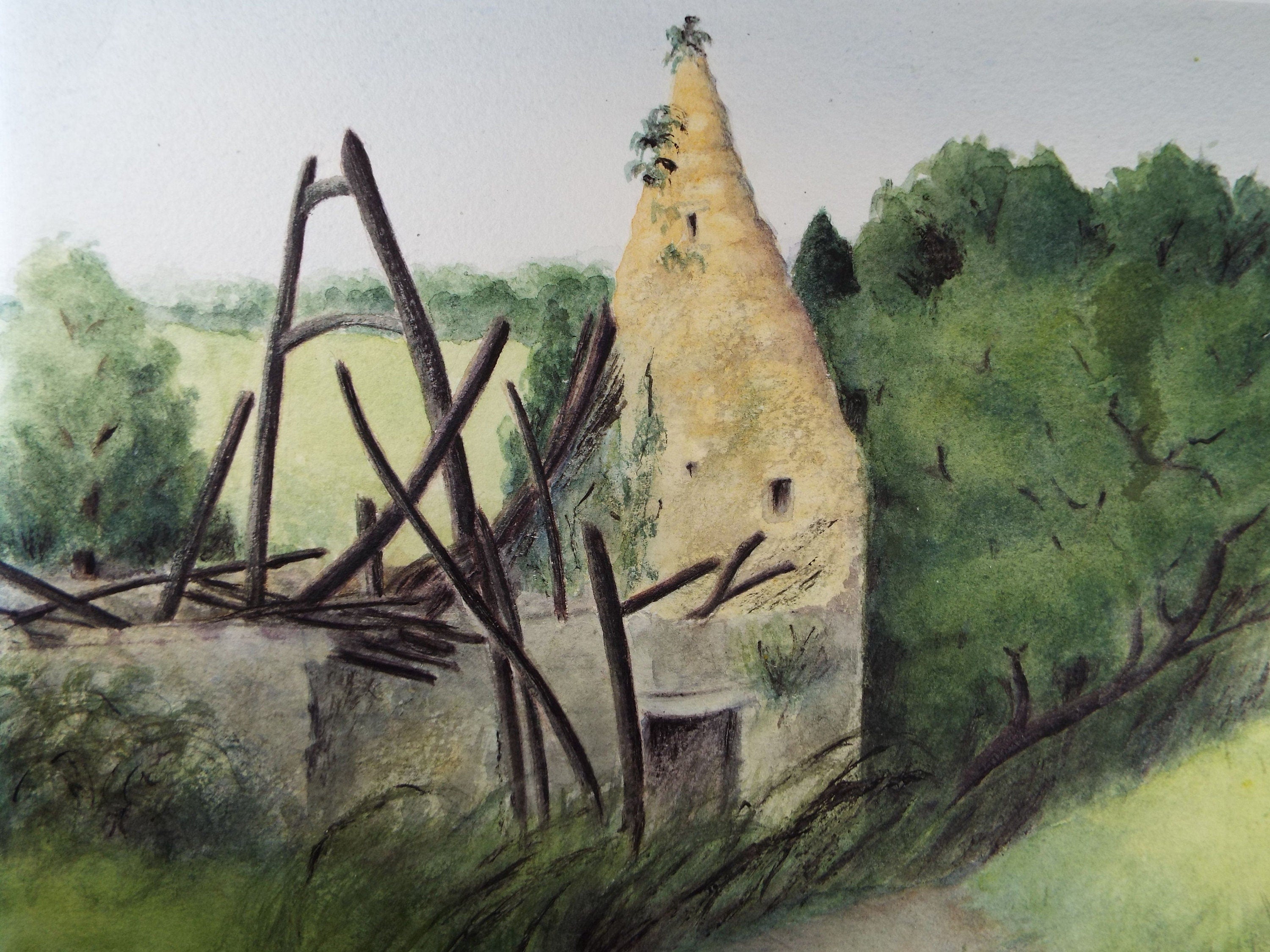 Original Watercolour & Gouache, 'Abandoned Cottage in a Landscape', Olive Van Klaveren (20th Century), Impressionist Continental Landscape