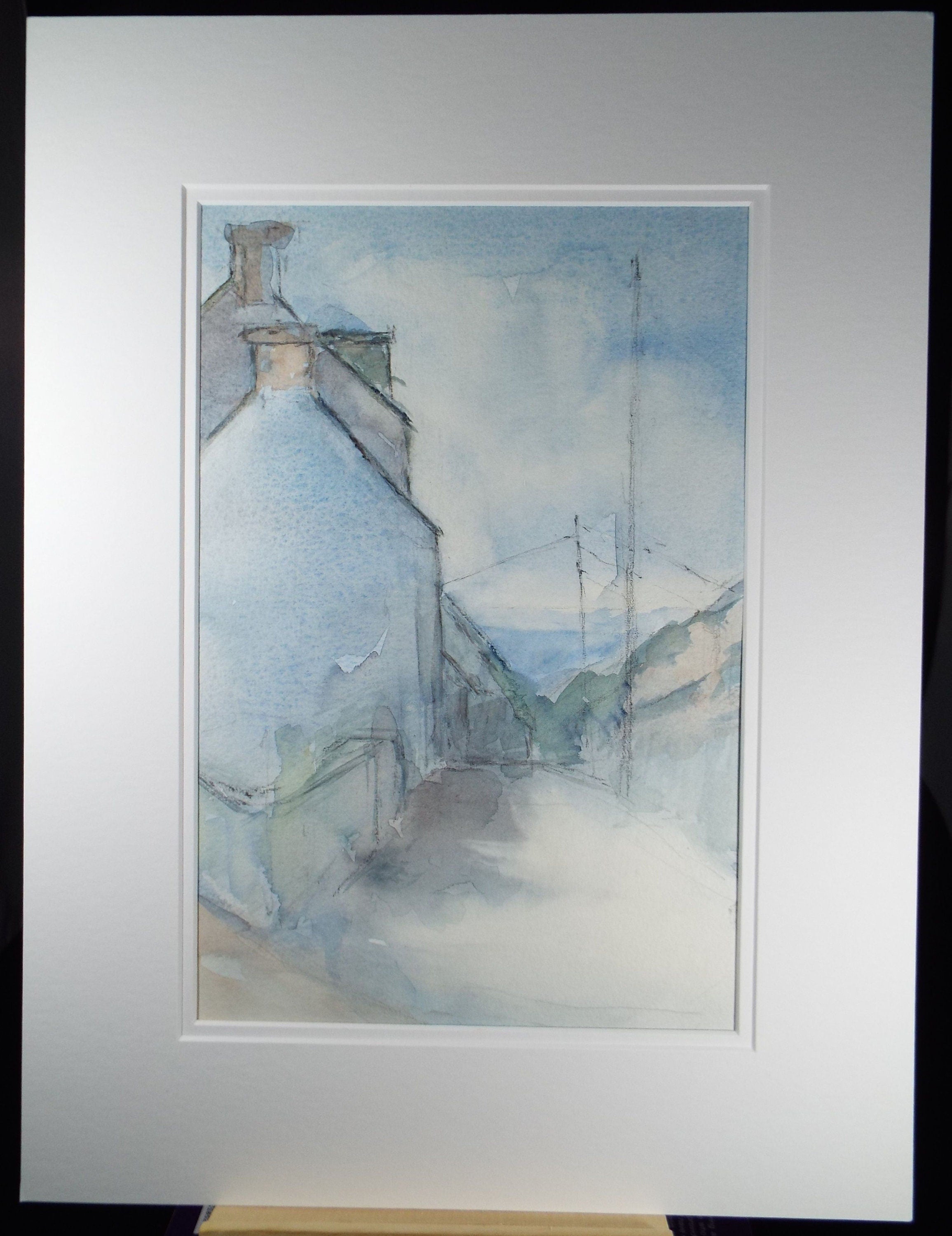 Original Watercolour & Gouache, 'Street Scene in Blue' Circa 1980's, Olive Van Klaveren (20th Century), Impressionist Continental Landscape